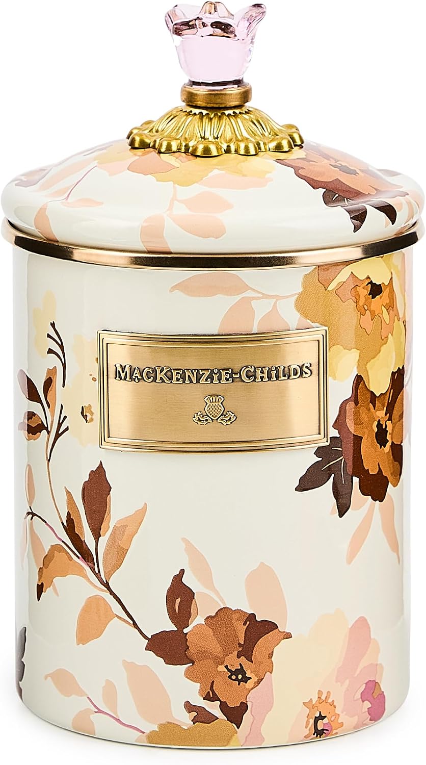 MACKENZIE-CHILDS Enamel Canister, Medium, White Butterfly Garden | Hand-applied design, made from enameled steel, versatile kitchen storage container for flour and sugar, 48-ounce capacity