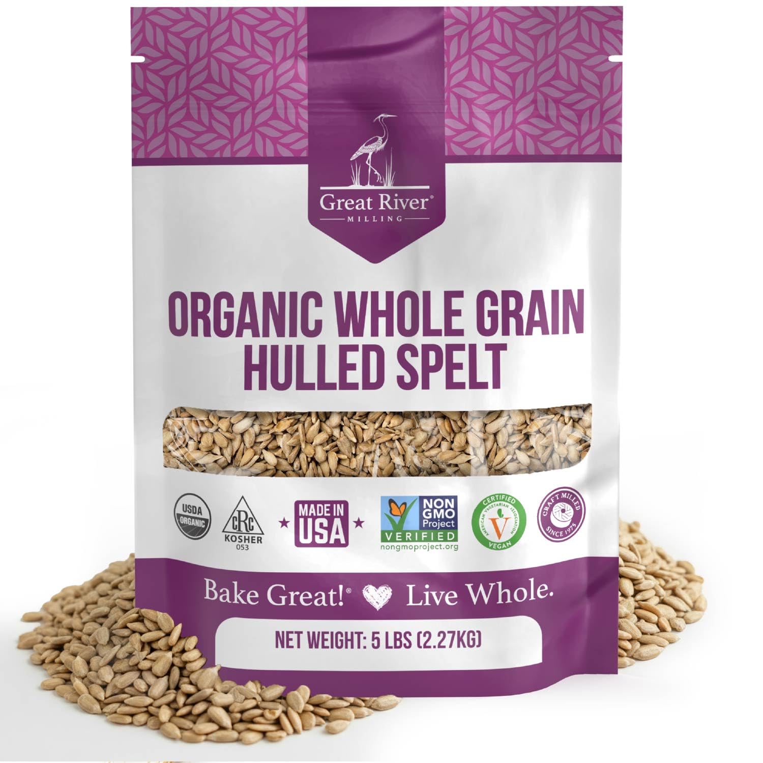 Great River Milling Organic Hulled Spelt Berries, Ancient Grain, 25 lb | Organic Hulled Spelt Berries for fresh spelt flour, bread, salads, pilaf, hot cereal and grain bowls; chewy cooked berries