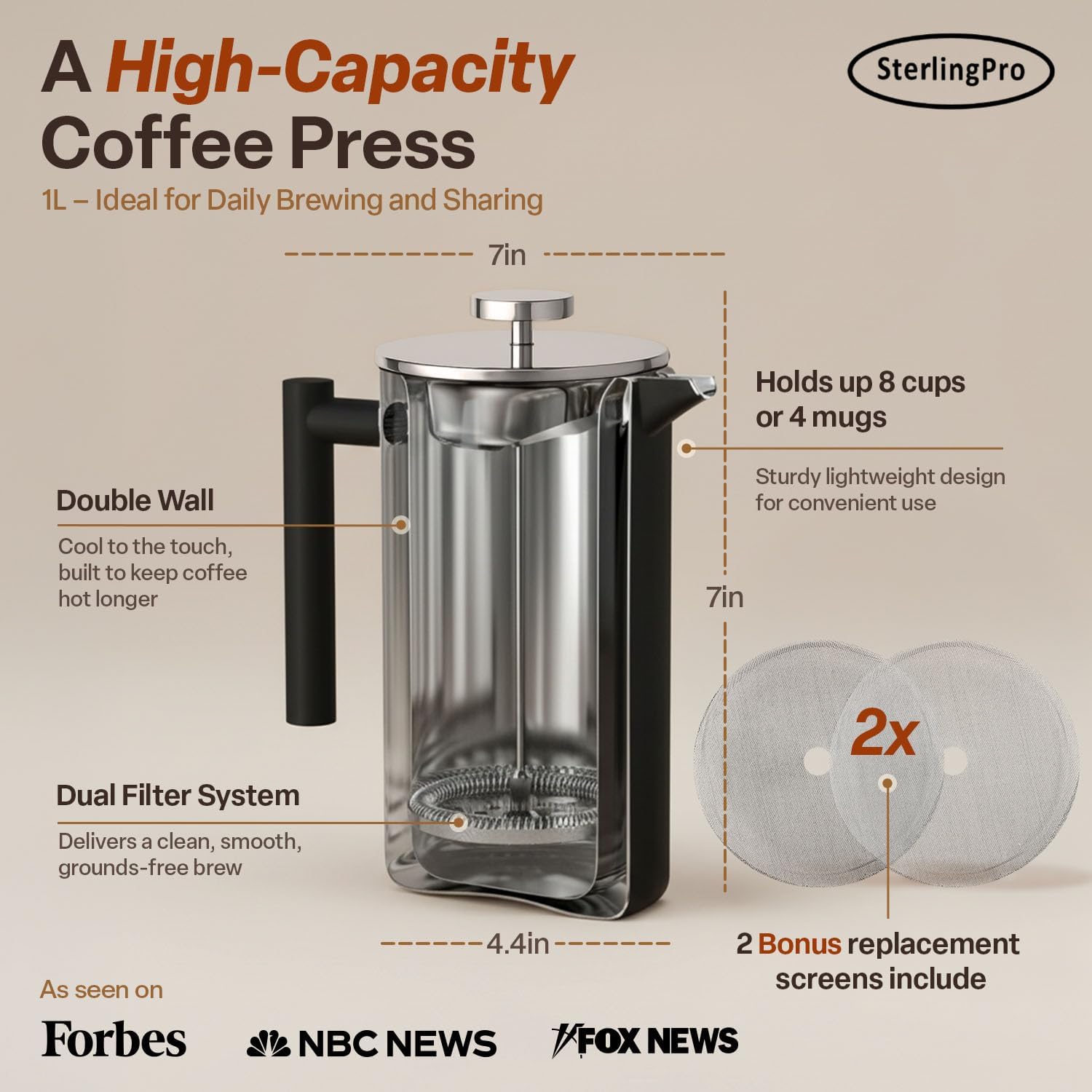 SterlingPro Large Insulated Stainless Steel French Press Coffee Maker 51oz Capacity (44 oz Brew Yield) – Double Wall Metal Coffee Press | Plastic Free | Cool-Touch | Mirror Finish | 12 Cups / 6 Mugs