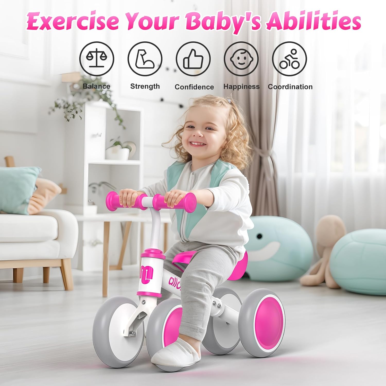 Baby Balance Bike, Cute Toddler Bikes 12-36 Months Gifts for 1 Year Old Girl Bike to Train Baby from Standing to Running with Adjustable Seat Silent & Soft 3 Wheels