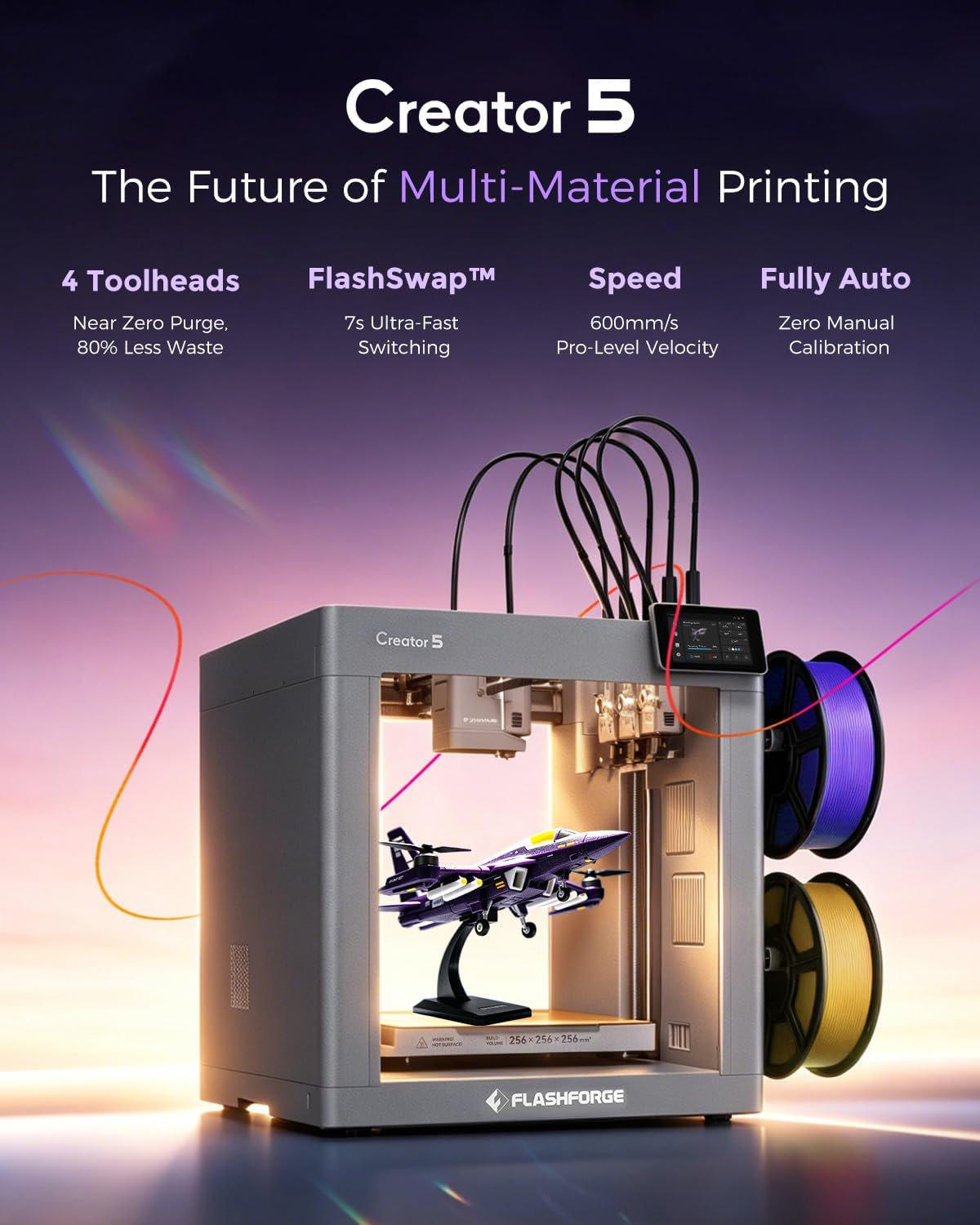 FLASHFORGE Creator 5 4-Toolhead Changer 3D Printer, Multi-Color & Multi-Material Printing, Near-Zero Waste System, 7s FlashSwap, Clean Support Removal