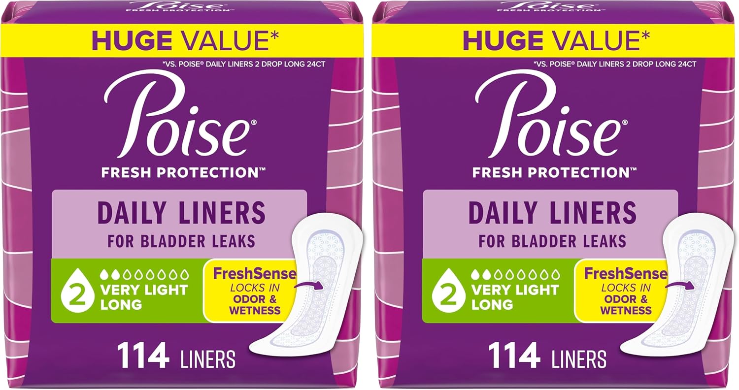 Poise Daily Liners, Incontinence Panty Liners for Bladder Leaks, 2 Drop Very Light Absorbency, Long Length, 264 Count of Pantiliners (6 Packs of 44), Packaging May Vary