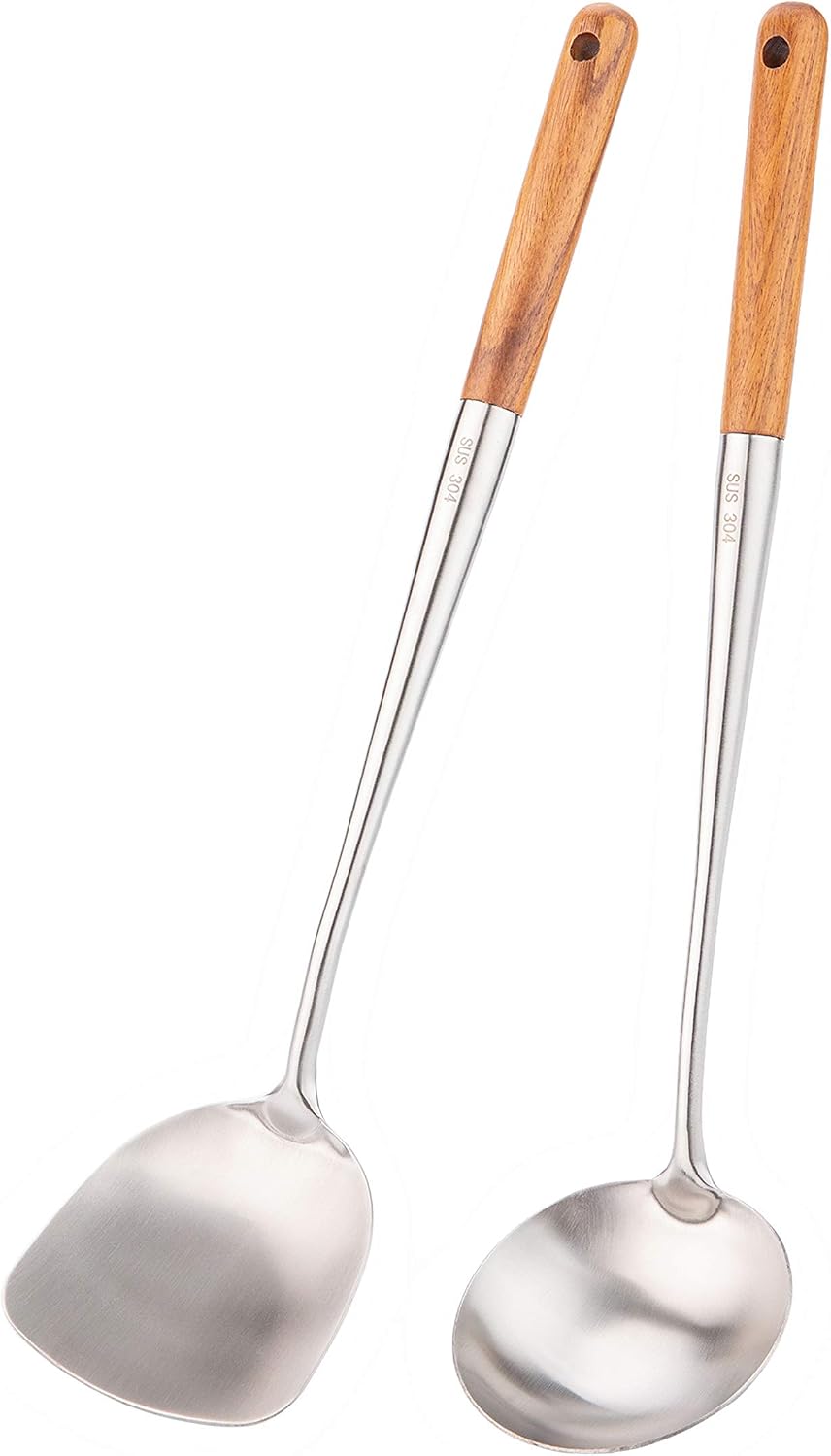 FJNATINH Wok Spatula and Ladle,Skimmer Ladle Tool Set, 17inches Spatula for Wok, 304 Stainless Steel Cooking Utensils