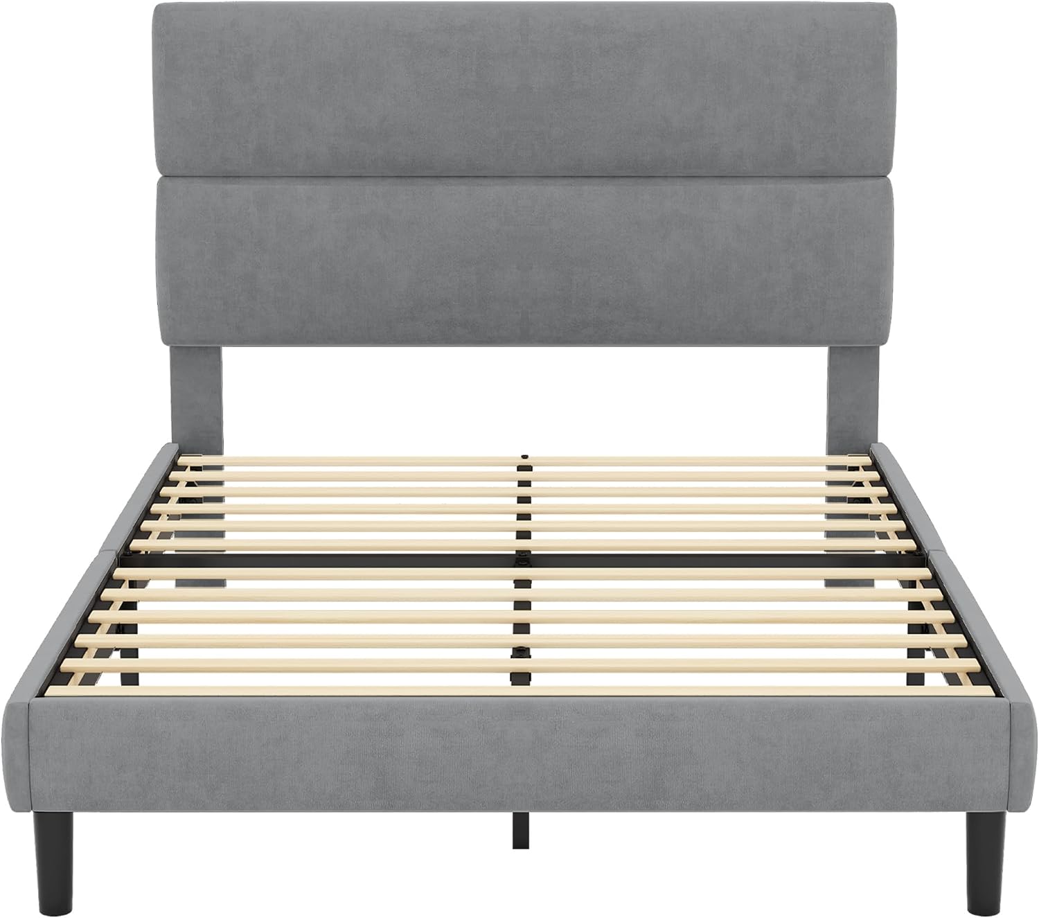 GRUSIGN Queen Size Platform Bed Frame with Velvet Headboard, Adjustable Height Wooden Slats Support, Upholstered Mattress Foundation, Fits Mattress or Mattress with Box Spring, Easy Assembly, Beige