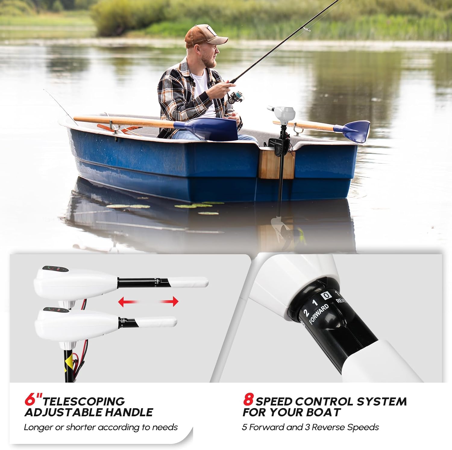 PEXMOR 8 Speed Electric Trolling Motor, Electric Outboard Boat Motor w/Adjustable Handle & LED Indicator, Transom Mounted for Saltwater, Kayak
