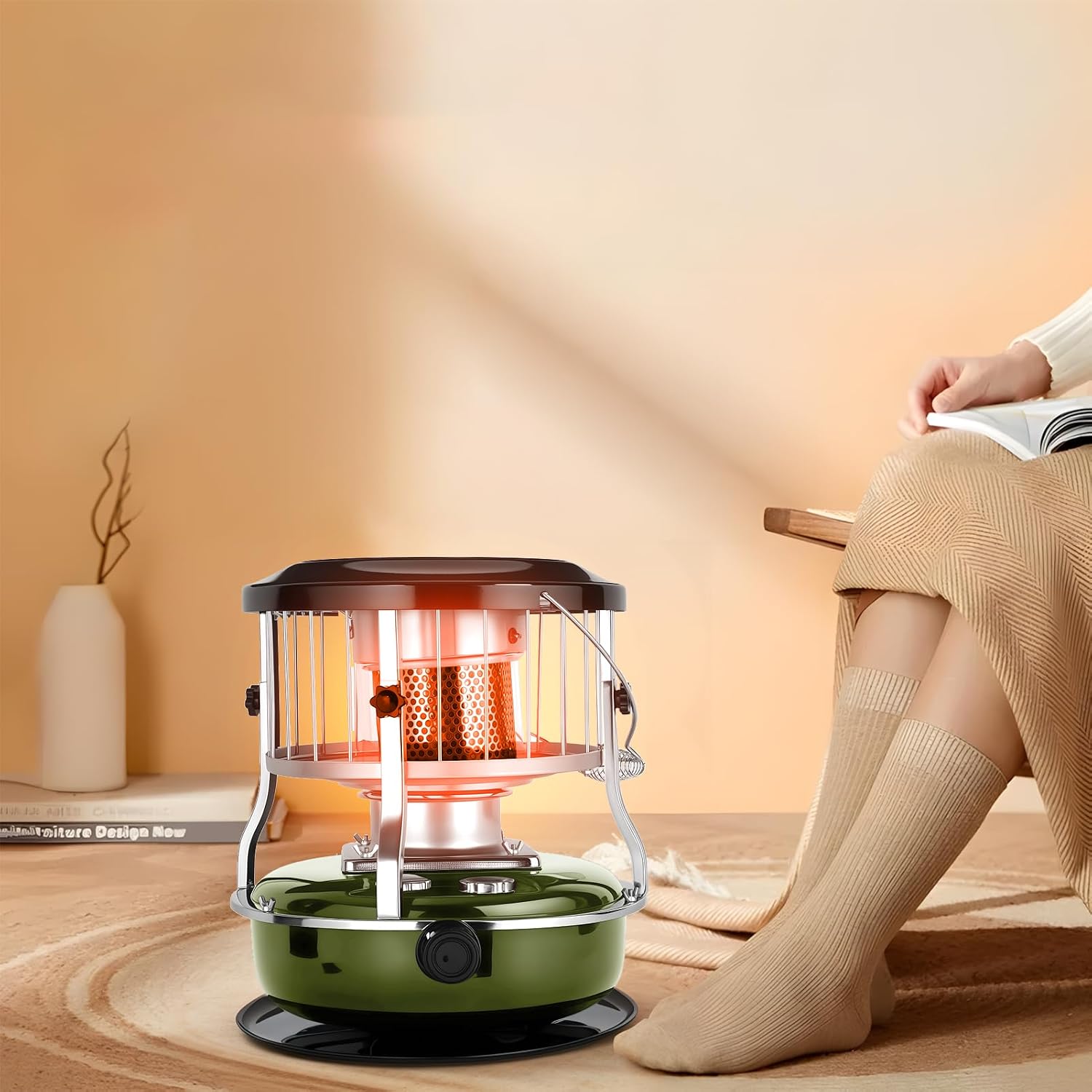 Kerosene Heater for Indoor & Outdoor, 9000 BTU Non-Electric Kerosene Stove, Portable Cordless Space Heater for Home, Garage, Basement, Camping, Cooking Heating (Green)