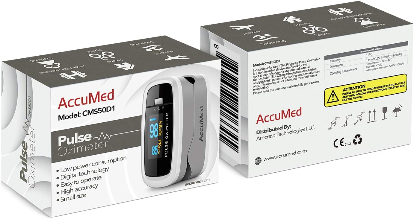 AccuMed CMS-50D1 Fingertip Pulse Oximeter Blood Oxygen Sensor SpO2 for Sports and Aviation. Portable and Lightweight with LED Display, 2 AAA Batteries
