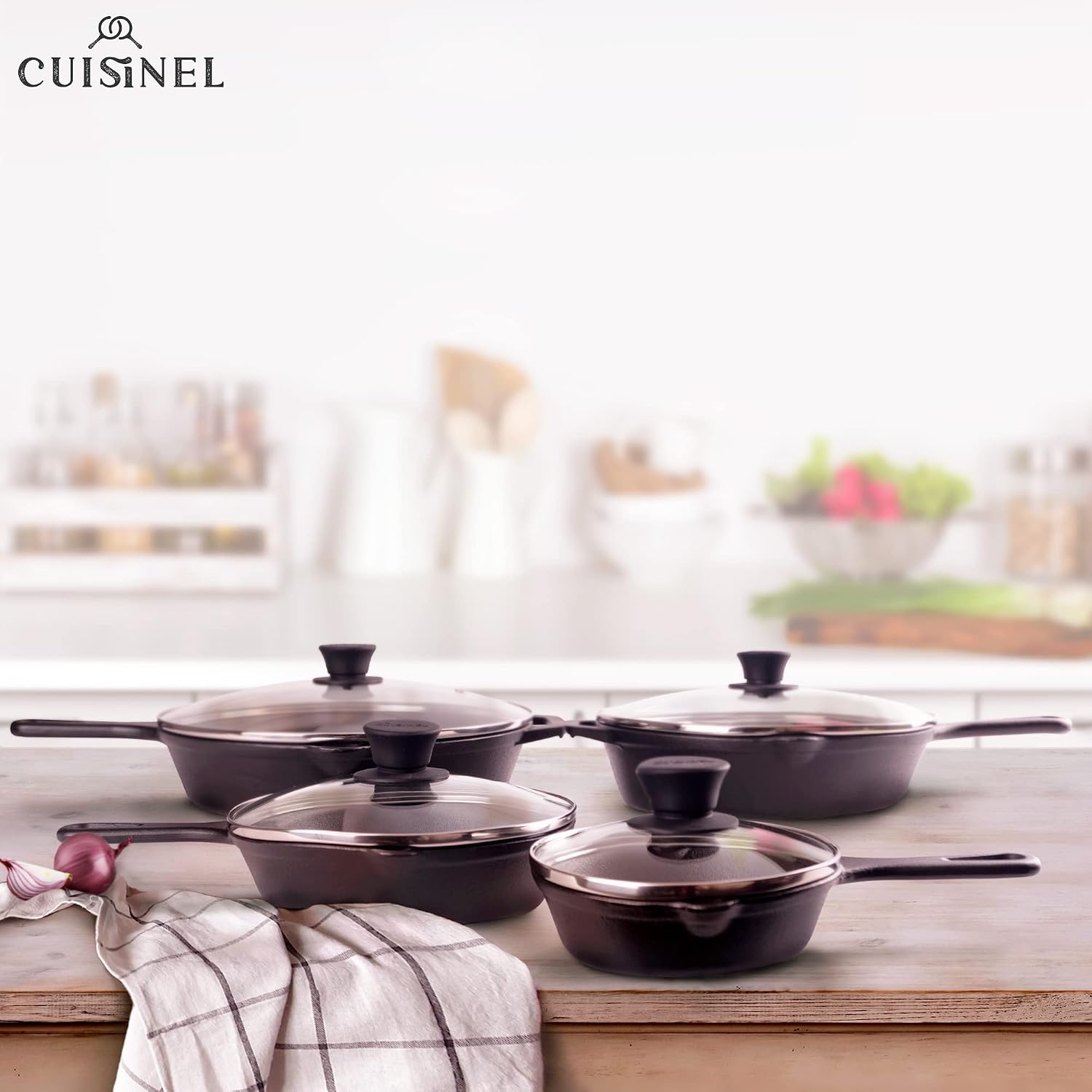 Cuisinel Cast Iron Skillet with Lid - 10"-Inch Pre-Seasoned Frying Pan + Glass Cover + Heat-Resistant Handle Holder - Indoor/Outdoor Use - Grill, Stove, Camp Firepit, Induction - Oven Safe Cookware