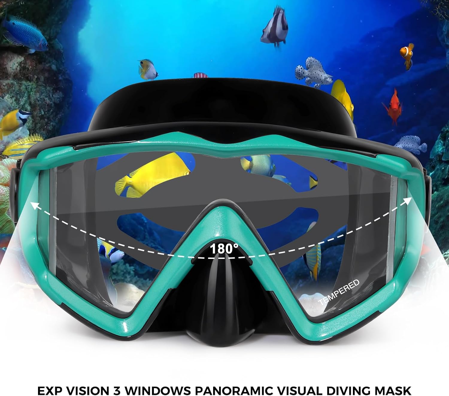 Adult Pano 3 Scuba Diving Mask, Tempered Glass Snorkel Mask Anti-Fog Swim Mask No Leakage Swim Goggles with Nose Cover Snorkeling Gear for Snorkeling