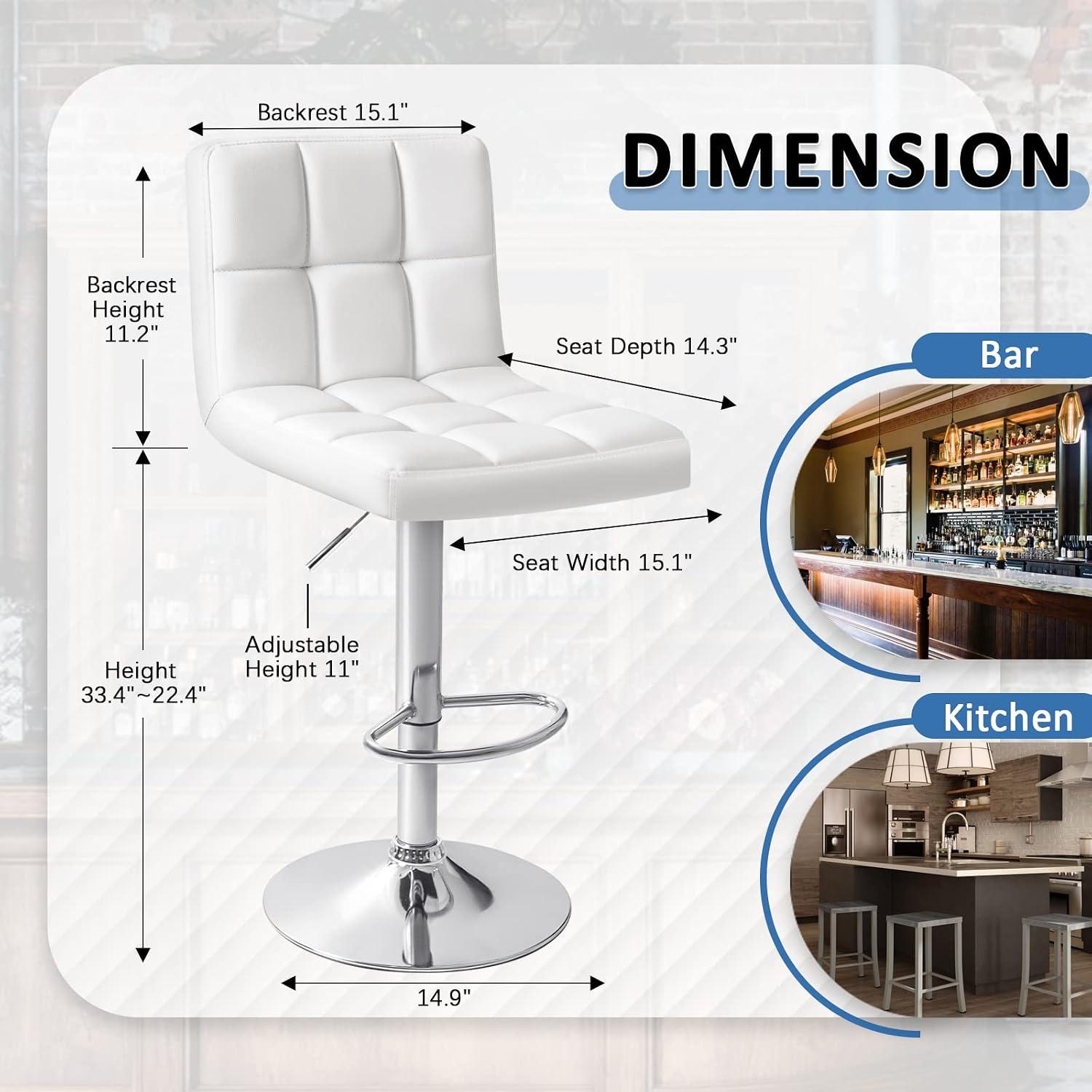 Homall Bar Stools Modern PU Leather Adjustable Swivel Barstools, Armless Hydraulic Kitchen Counter Bar Stool Extra Height Square Island Barstool with Back Set of 2 (Leather, White)