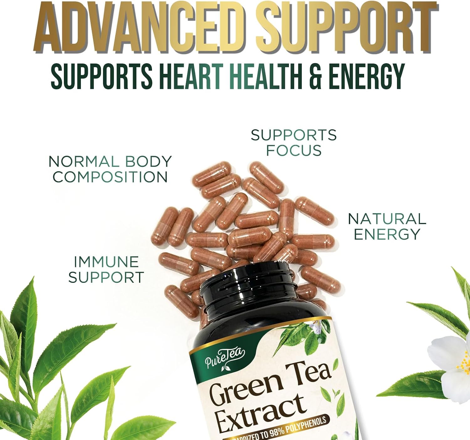 Green Tea Extract 1000mg Per Serving - 98% Polyphenols & 45% EGCG Capsules, Heart Support with Antioxidants - 3X Absorption Green Tea Pills Supplement, Natural Energy, Gentle Caffeine - 240 Capsules