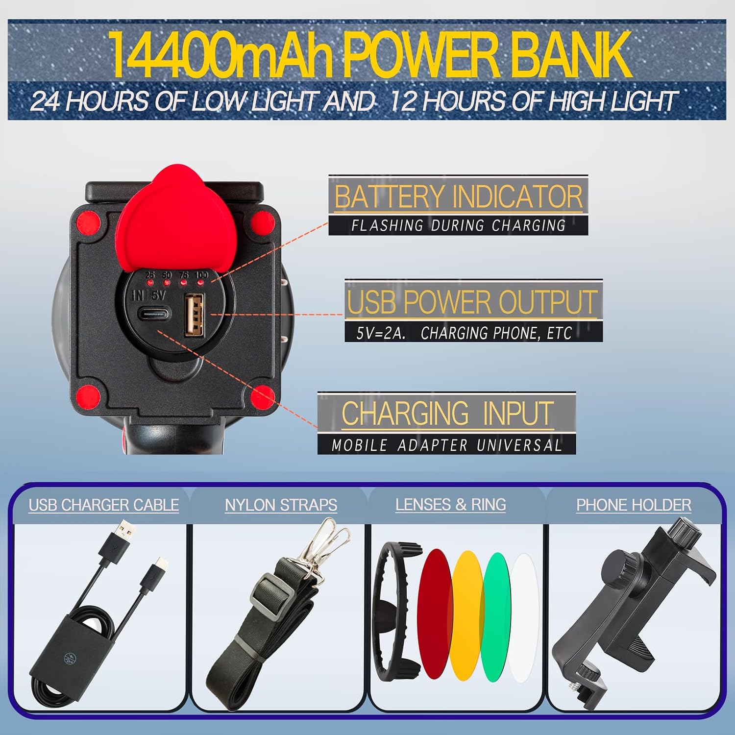 BIGSUN Q953 Rechargeable Spotlight,100000 High Lumen LED Flashlightv with COB Flood Light, Built-in 10,000 mAh Li-Ion Battery for Patrol, Working, Hunting, Red Lens and Tripod