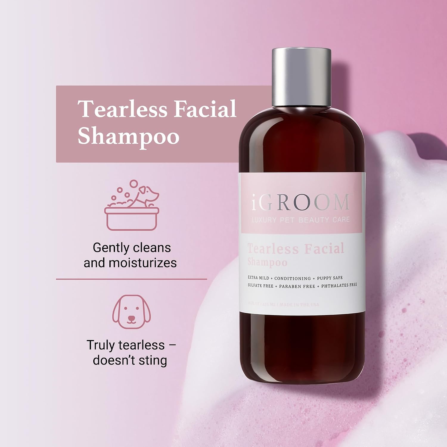 iGroom Tearless Facial Dog Shampoo, Luxury Pet Beauty Care, Ultra Mild to Eyes, Restore Skins Natural Moisture, Made in USA, Gallon