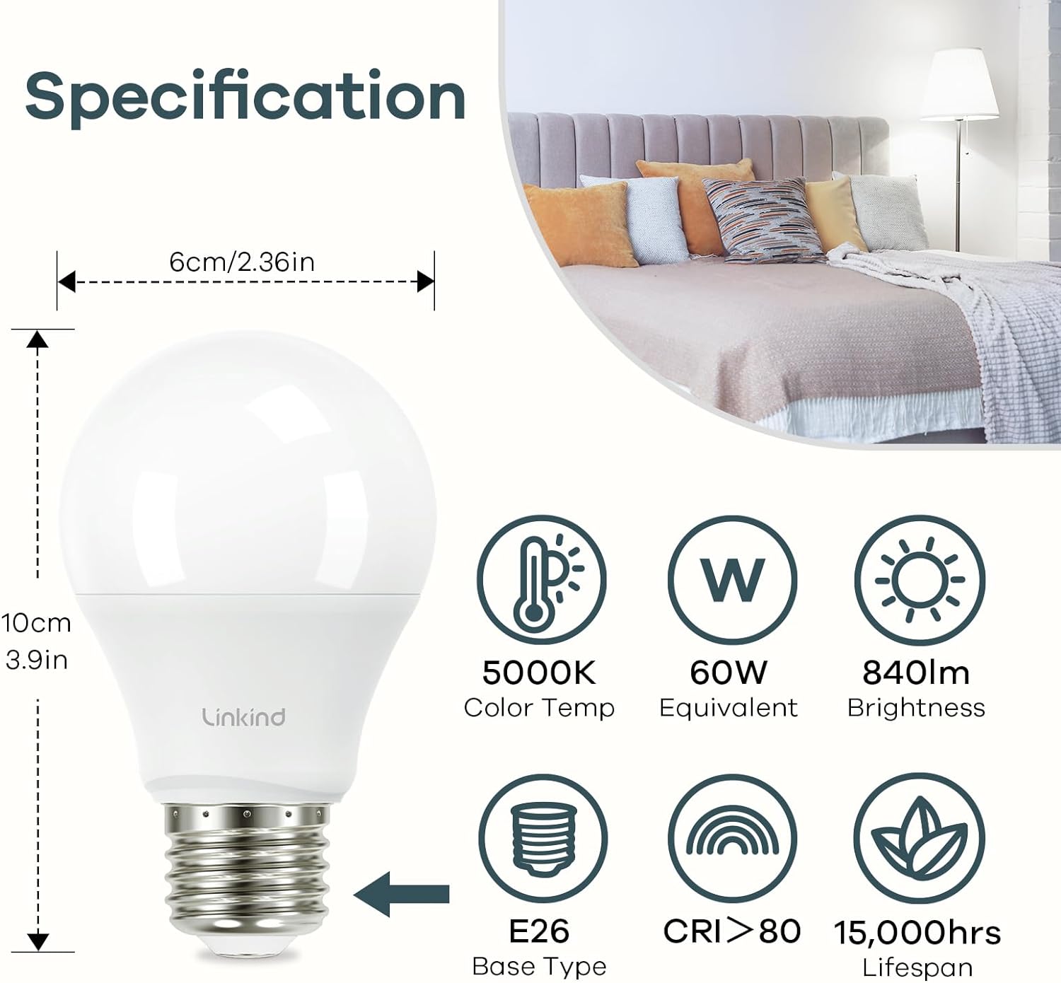 Linkind A19 LED Light Bulbs, 100 Watt Equivalent, 2700K Soft White 6 Packs