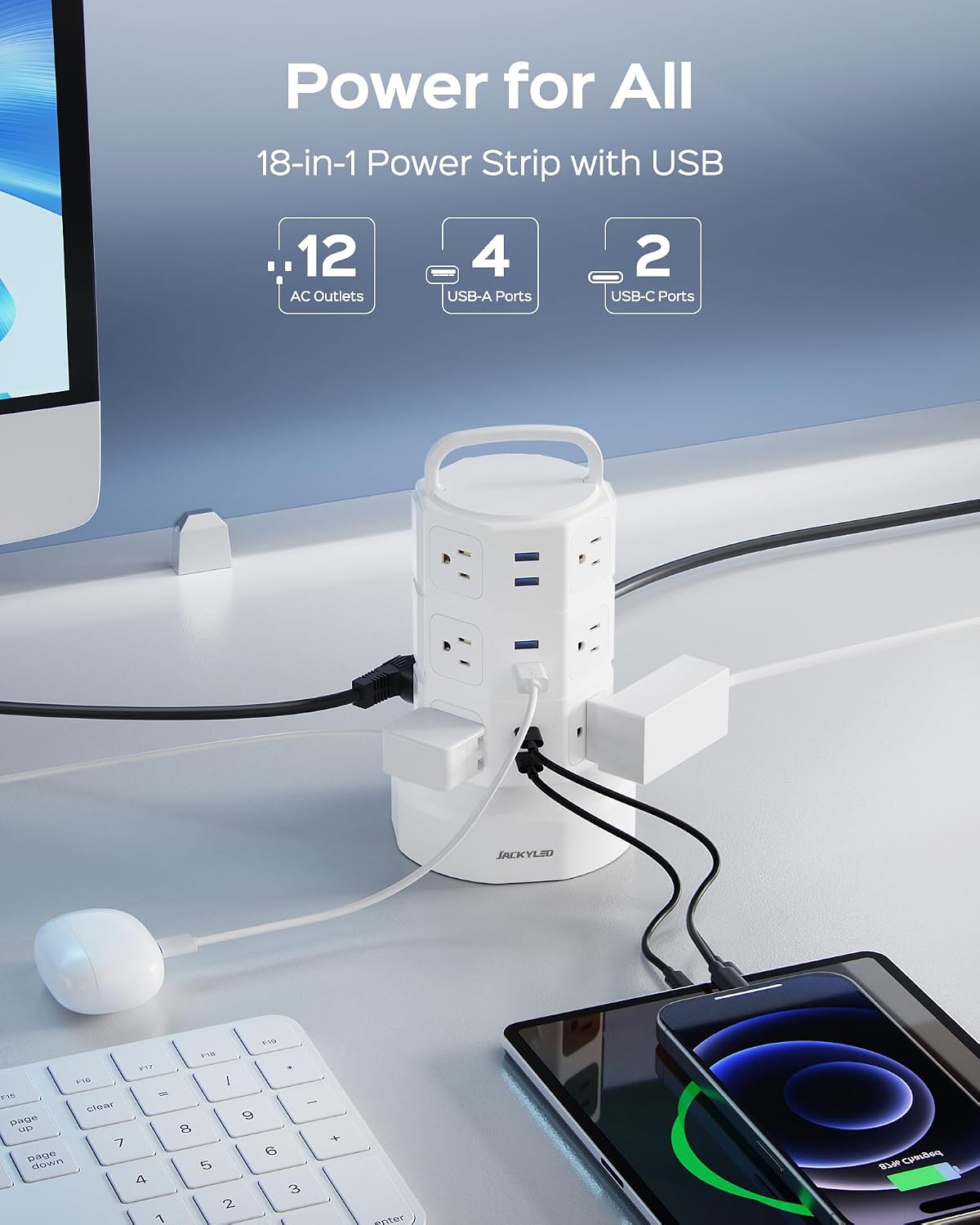 JACKYLED Power Strip Tower Surge Protector, 12 AC 6 USB (2 USB C), 1050J