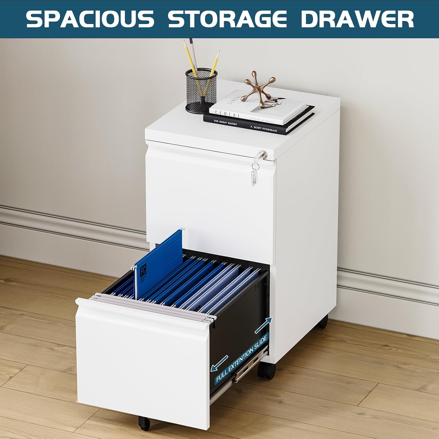 MIIIKO 3 Drawer File Cabinet with Lock, Metal Lateral Rolling Printer Stand Filing Cabinets for Home Office Storage,A4, Letter,File Folders(White)