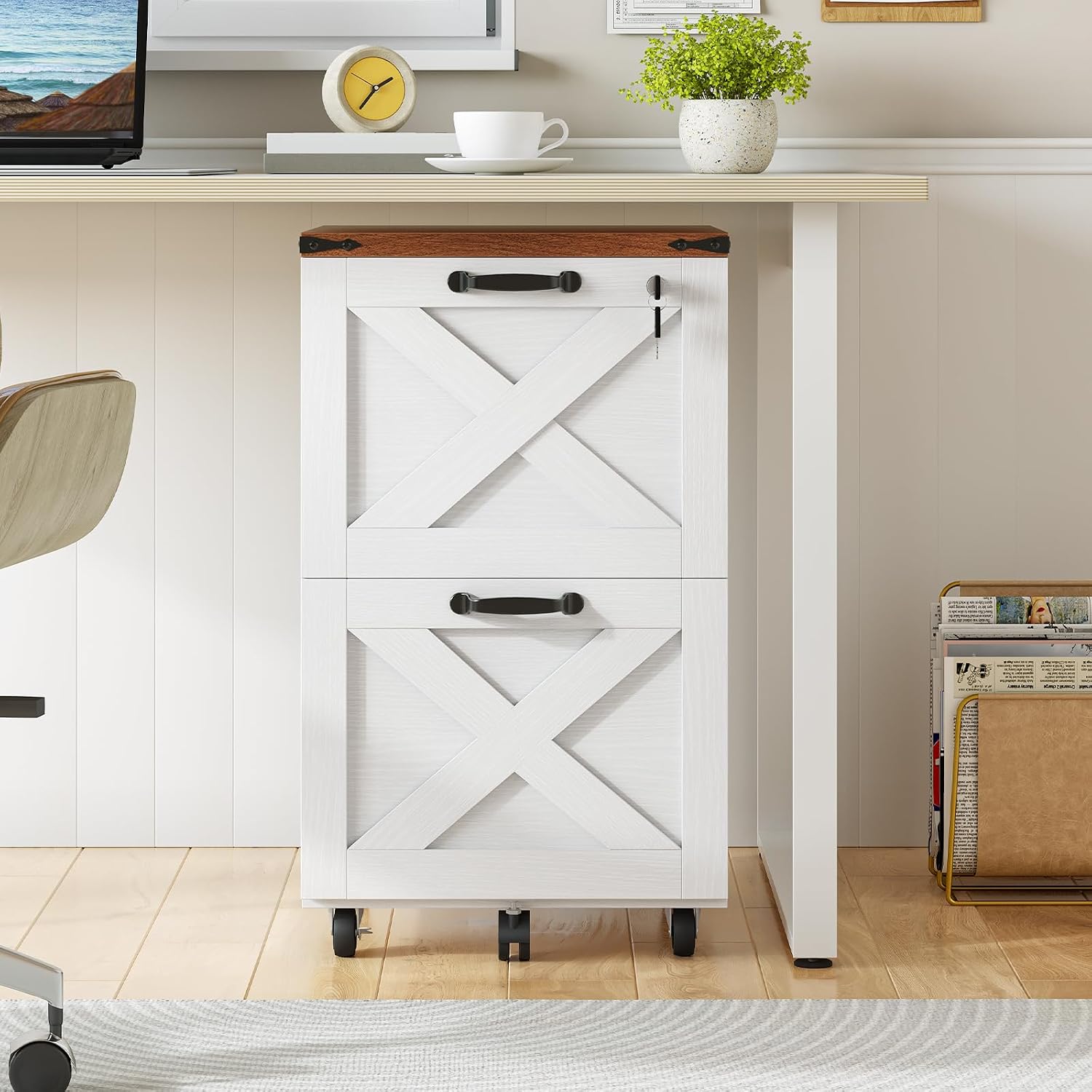 HOOBRO 3 Drawer File Cabinet with Lock, Mobile Filing Cabinet for Home Office, Wooden Farmhouse Office Storage Cabinet, Printer Stand Fits Letter and A4 Size, Walnut and White WH93WJ01G1