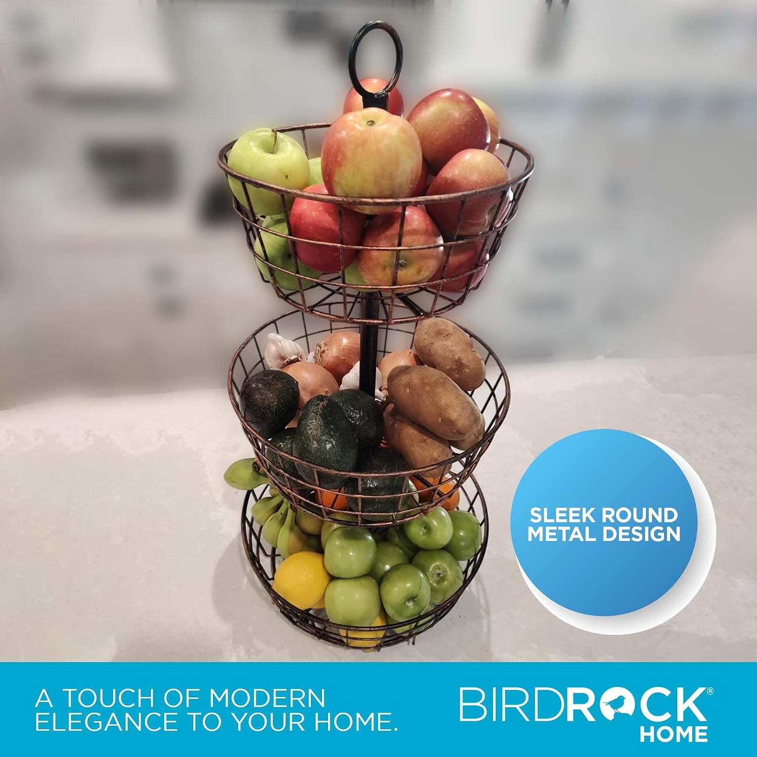 BIRDROCK HOME 3 Tier Wire Fruit Basket | Round Metal Standing Baskets | Fruit Vegetable Garlic Caddy | Freestanding Rustic Decorative Basket