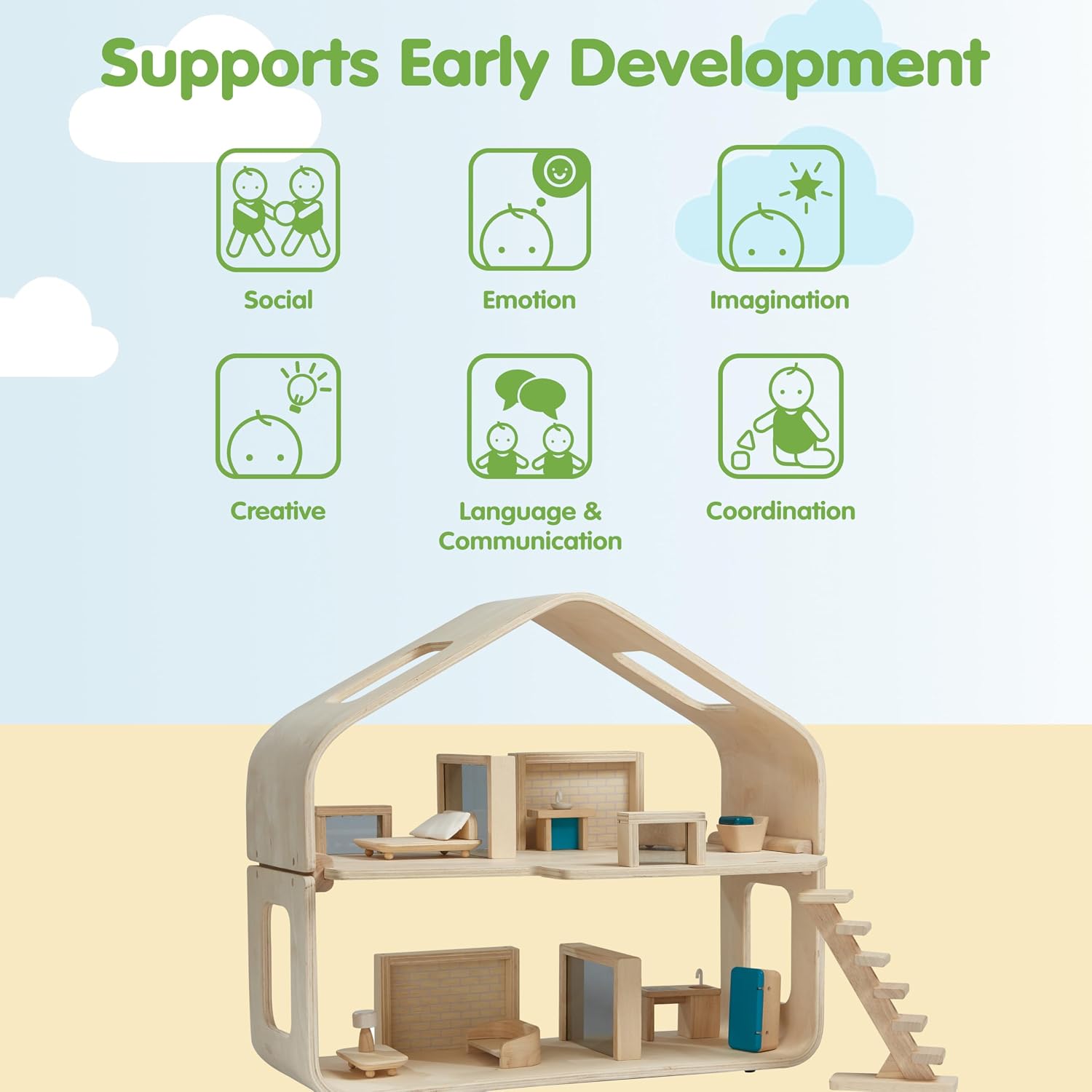 PlanToys® Green Wooden Dollhouse with Solar Panel, Wind Turbine & Furniture | recycling system, eco-friendly doll house, sustainable pretend play, kids, girls, environmental learning gift for boys