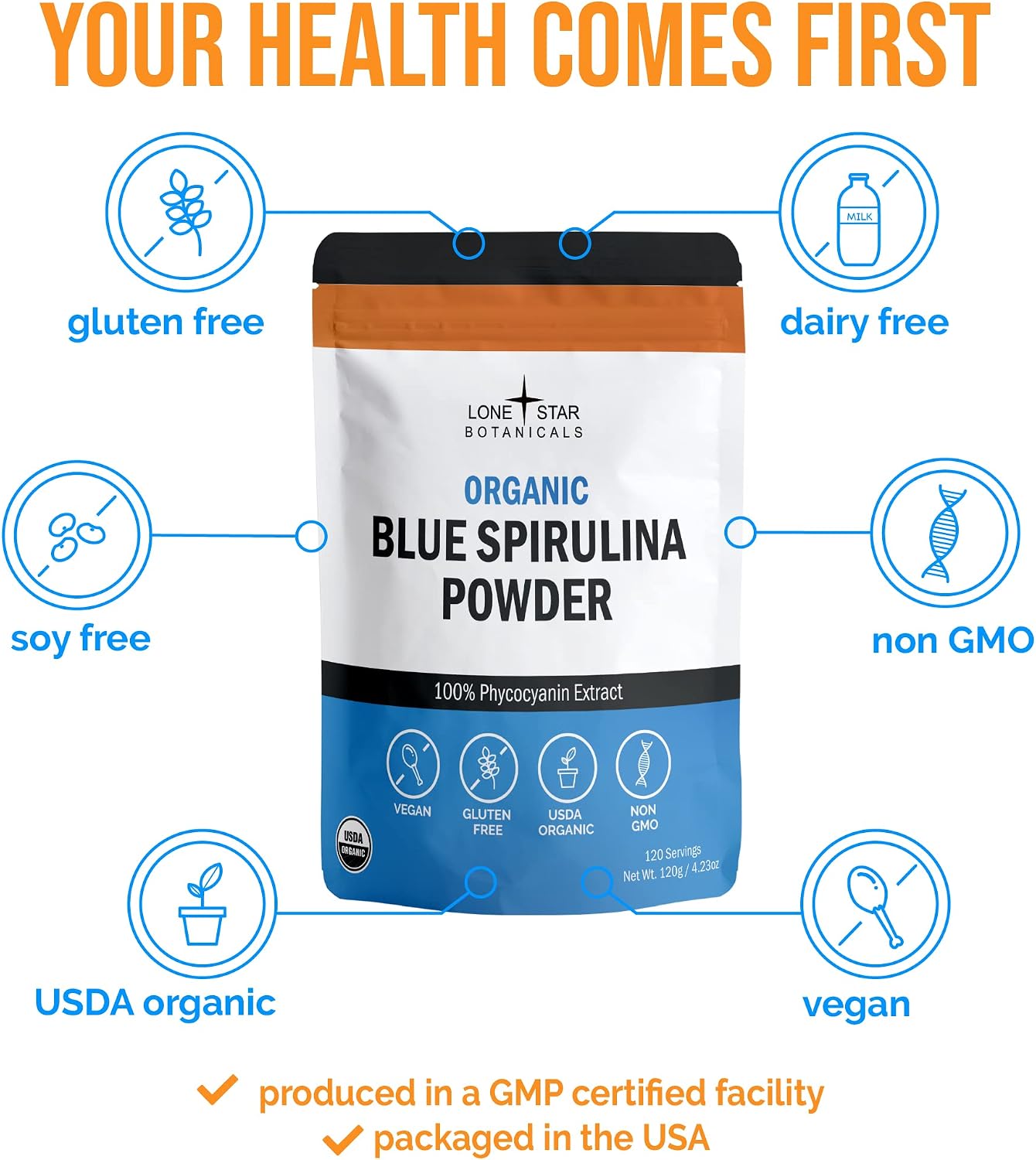 Lone Star Botanicals Organic Blue Spirulina Powder - 100% Pure Blue-Green Algae, No Fishy Smell, Vegan Superfood for Smoothies & Drinks, Non GMO