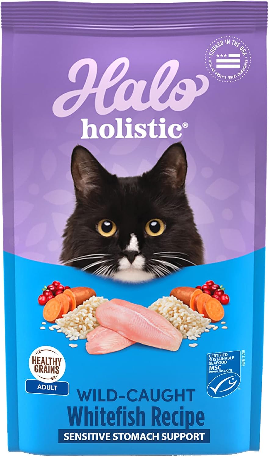 Halo Holistic Dry Cat Food for Sensitive Stomach, Wild-Caught Whitefish Natural Adult Cat Kibble with Healthy Grains, Probiotics & Omega Fatty Acids for Skin and Coat Health, 6 lb Bag