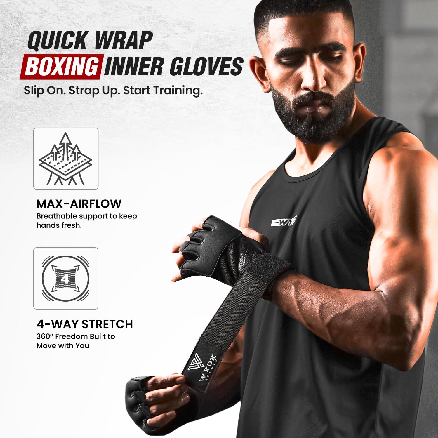 WYOX Neoprene Gel Boxing Hand Wraps Inner Gloves for Men & Women – 80cm/31in Quick Wrist Strap, Padded Knuckle Protection