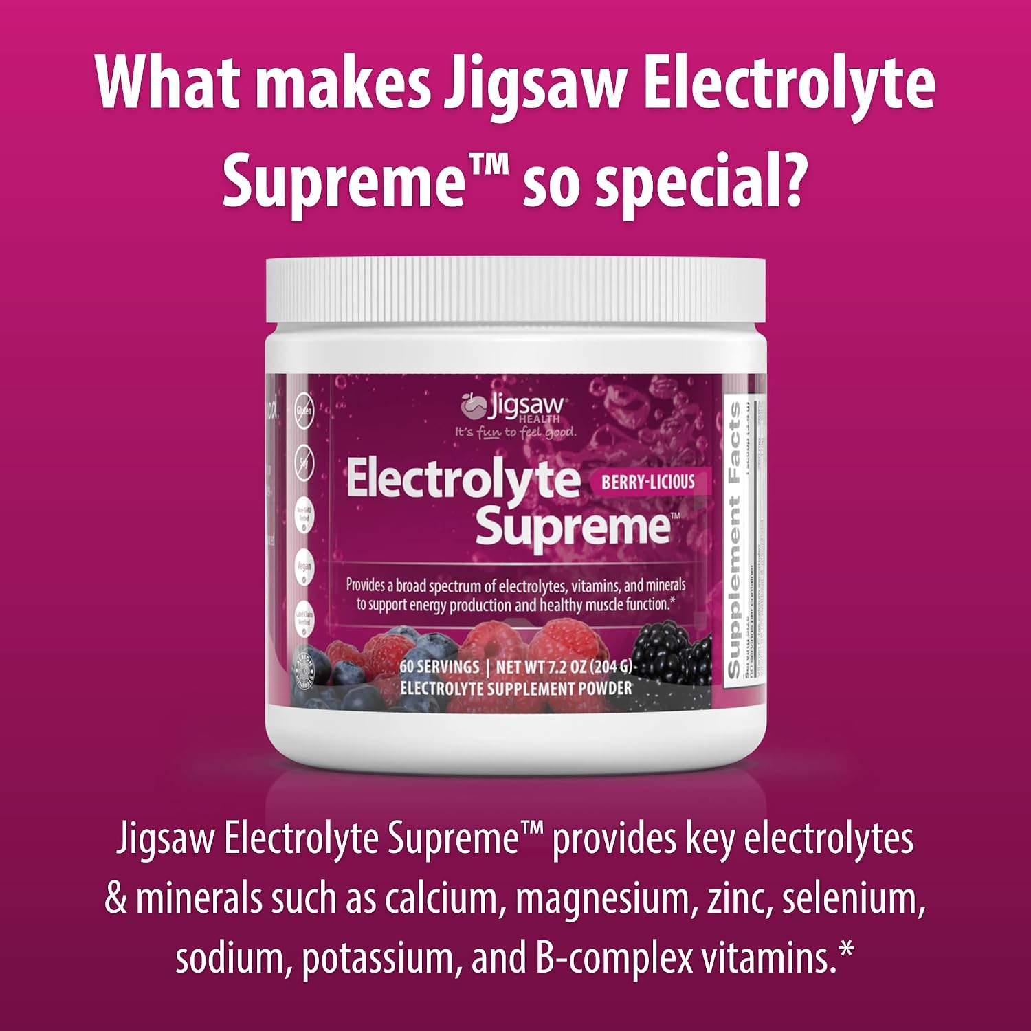 Jigsaw Health Electrolyte Supreme | Broad Spectrum of Electrolytes + Trace Minerals | Berry-Licious Flavor | 60 Servings (Jar)