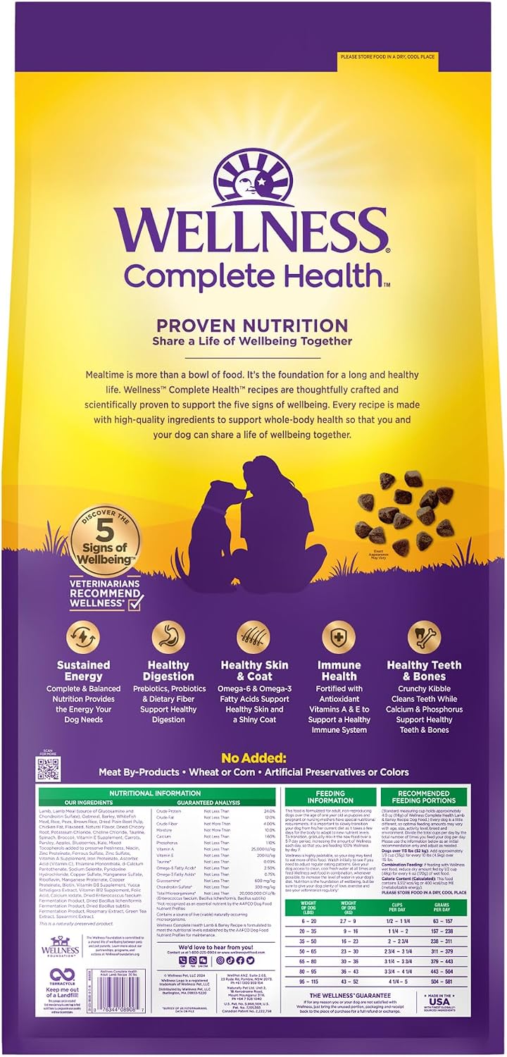 Wellness Complete Health Adult Dry Dog Food, Wholesome Grain Kibble, Natural, Chicken and Oatmeal Recipe, 5 lb Bag