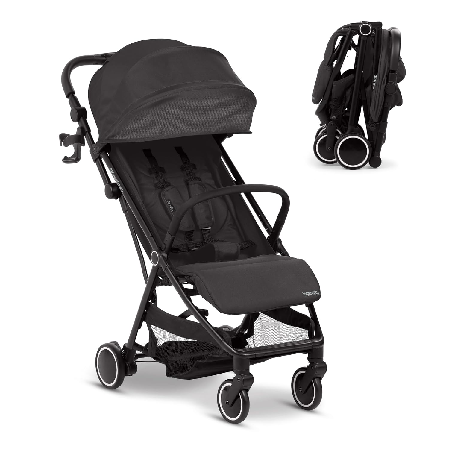 Ingenuity 3D Travelmate Pro Lightweight Travel Stroller with Fold-Away Ride-On Board for Toddlers, Airplane Overhead Bin Compatible, Car Seat Ready, One-Hand Fold