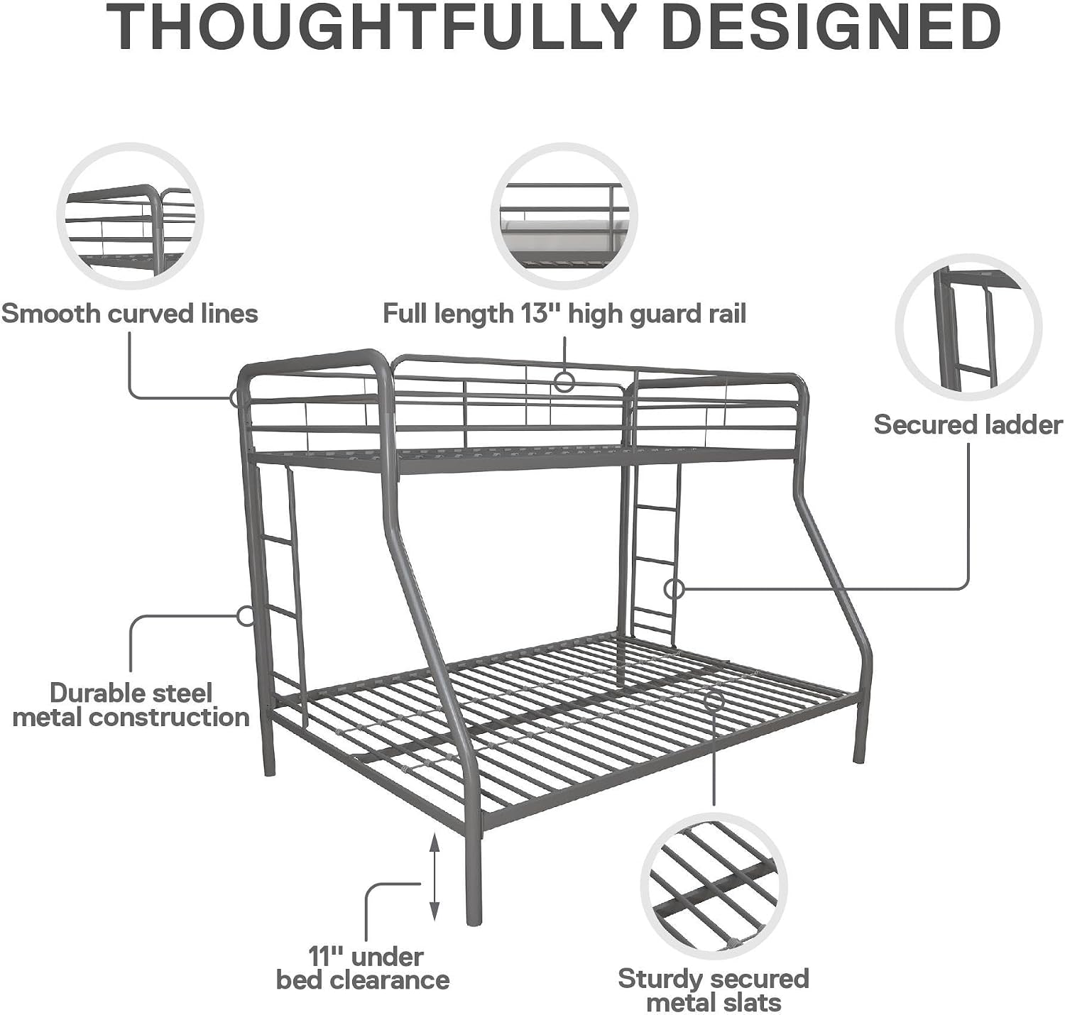 DHP Twin-Over-Futon Convertible Couch and Bed with Metal Frame, Ladder and Guardrails - Black
