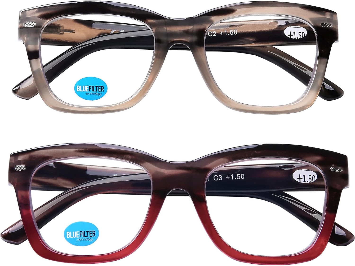 AQWANO Oversized Computer Reading Glasses Blue Light Blocking, 4 Pairs Stylish Fashion Design Anti UV Ray/Eye Strain/Glare Readers Men Women, 1.5