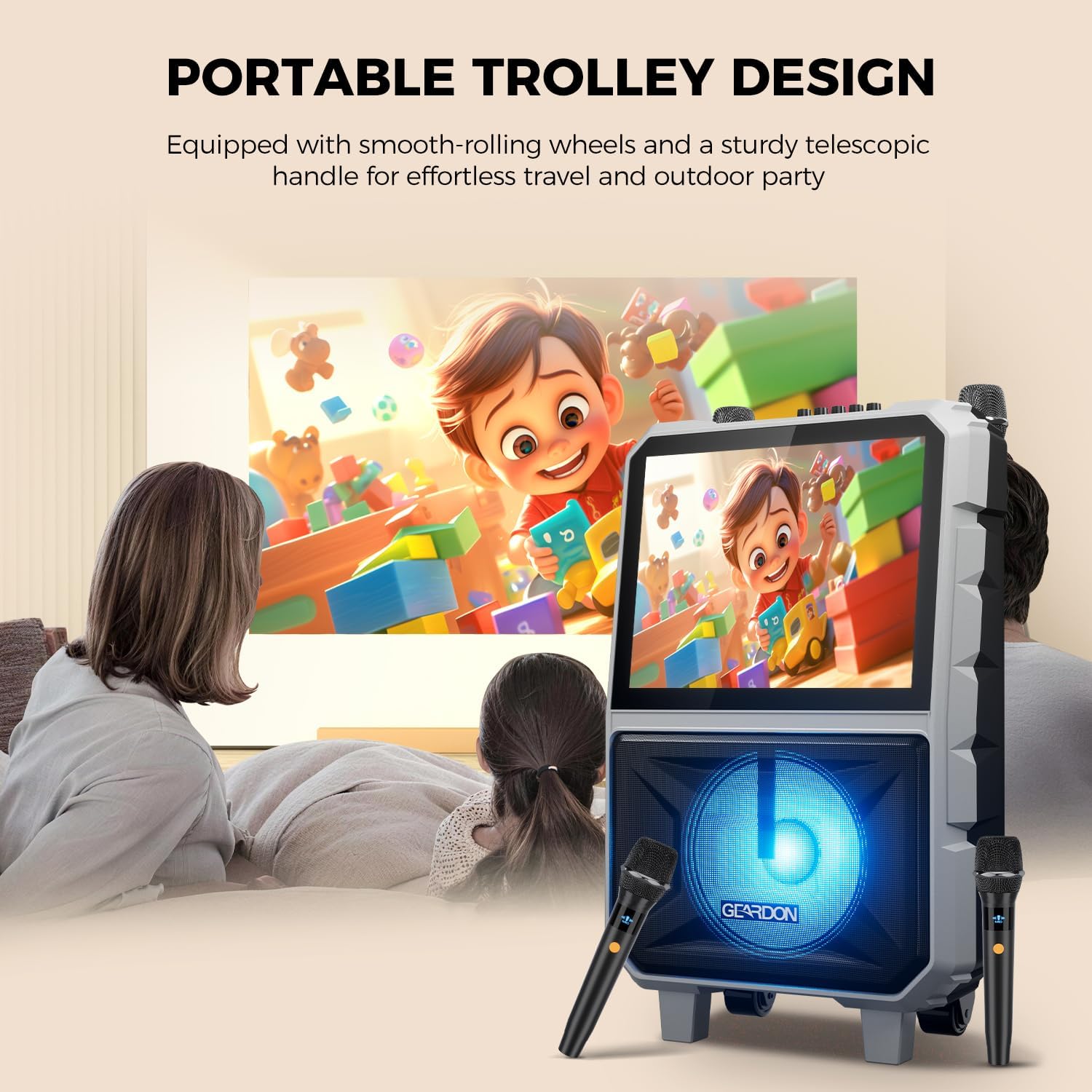 Karaoke Machine with Lyrics Display Screen for Adults, 15" Tablet | Bluetooth Speaker with 2 Rechargeable UHF Mics, 1000W Peak Power, DJ Lights, Portable Karaoke System for Any Occasion