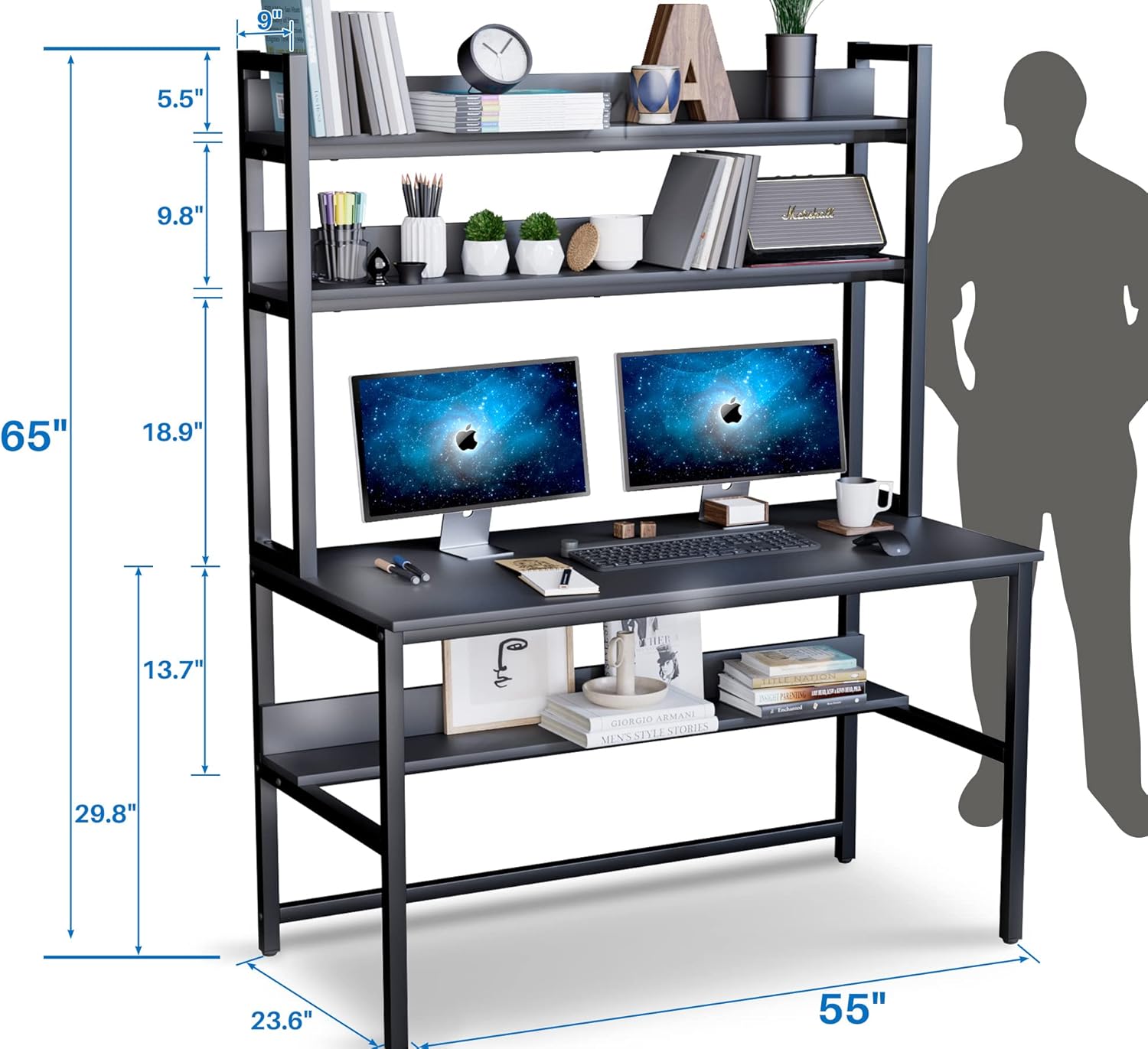 Aquzee Computer Desk with Shelves, 47" W x 23.6" D Gaming Desk with Hutch and Bookshelf
