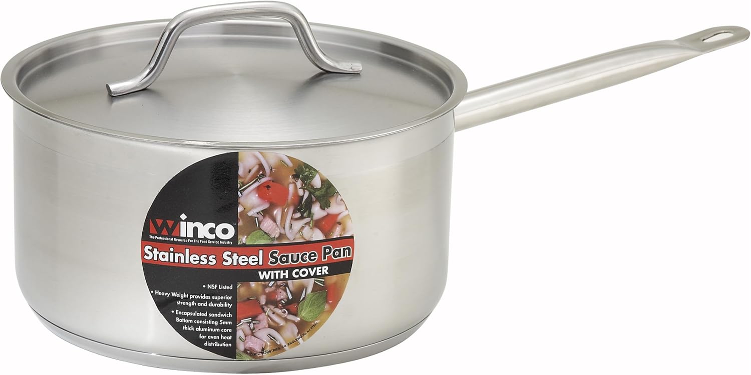 Winco 4 1/2 qt Heavy-Duty 4.5 qt Stainless Steel Sauce Pan with Cover | Even heat distribution, Secure riveted handle, Great for Cooking, Food Preparation and Restaurant Kitchens