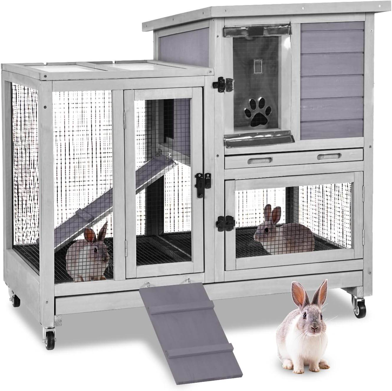 Outdoor Rabbit Hutch Indoor Bunny on Wheels Large Guinea Pig Cage with Run for Any Small Animals,Removable Pull Out Tray