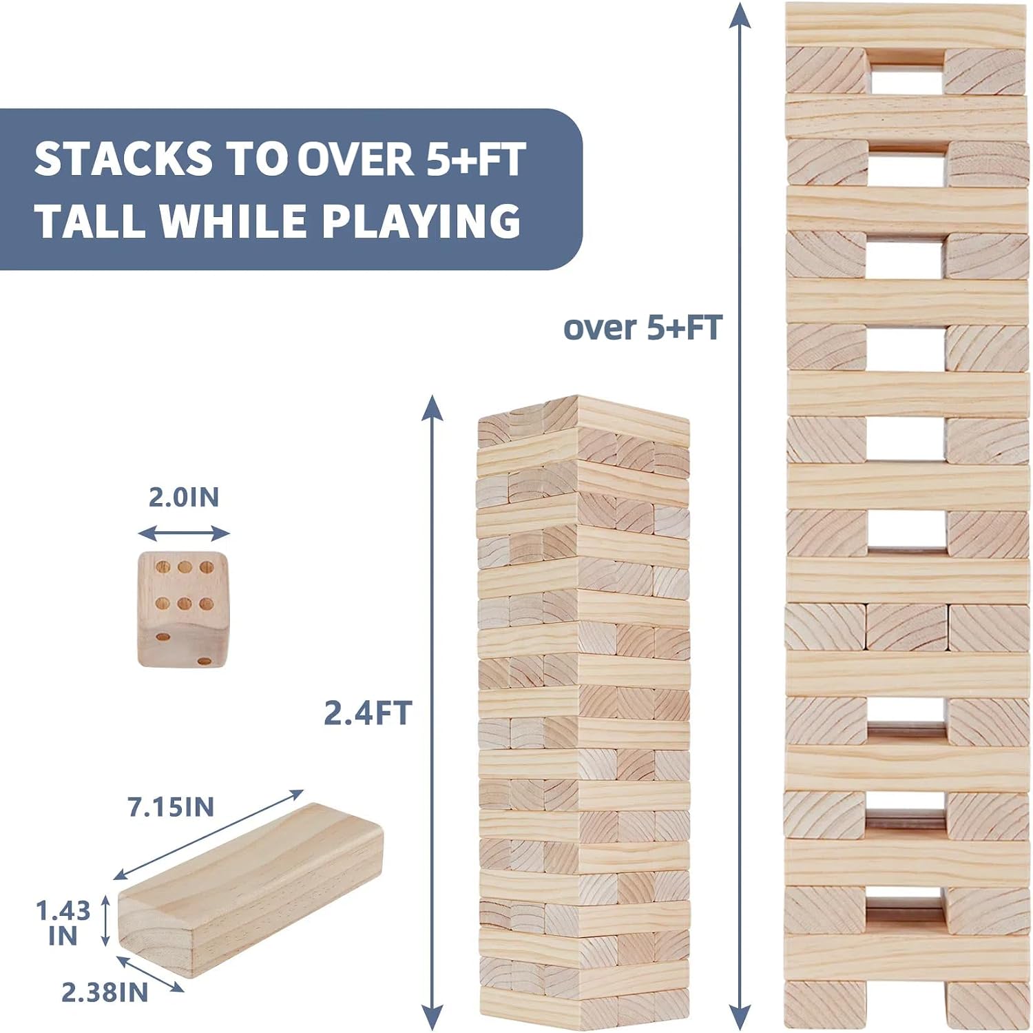 Megwoz Giant Tumble Tower Games for Kids and Adults 57 Blocks New Zealand Pine Wooden Blocks Stacking to Over 4.2FT Family Game for Indoors Outdoors