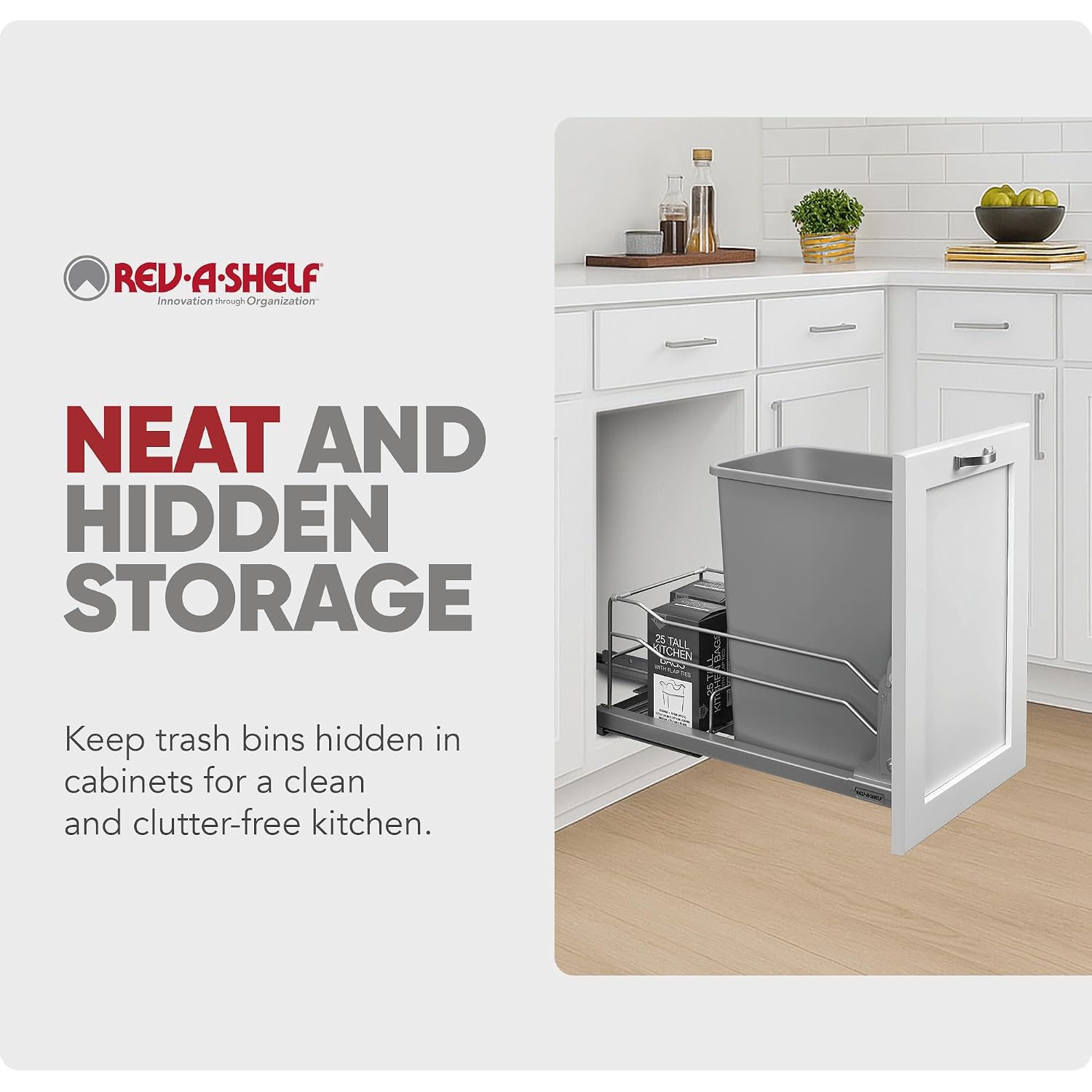 Rev-A-Shelf 35 Qt Pull Out Trash Can with Soft Close for Under Kitchen Cabinets, Min Opening Width of 11.5", Metallic Silver, 53WC-1535SCDM-117