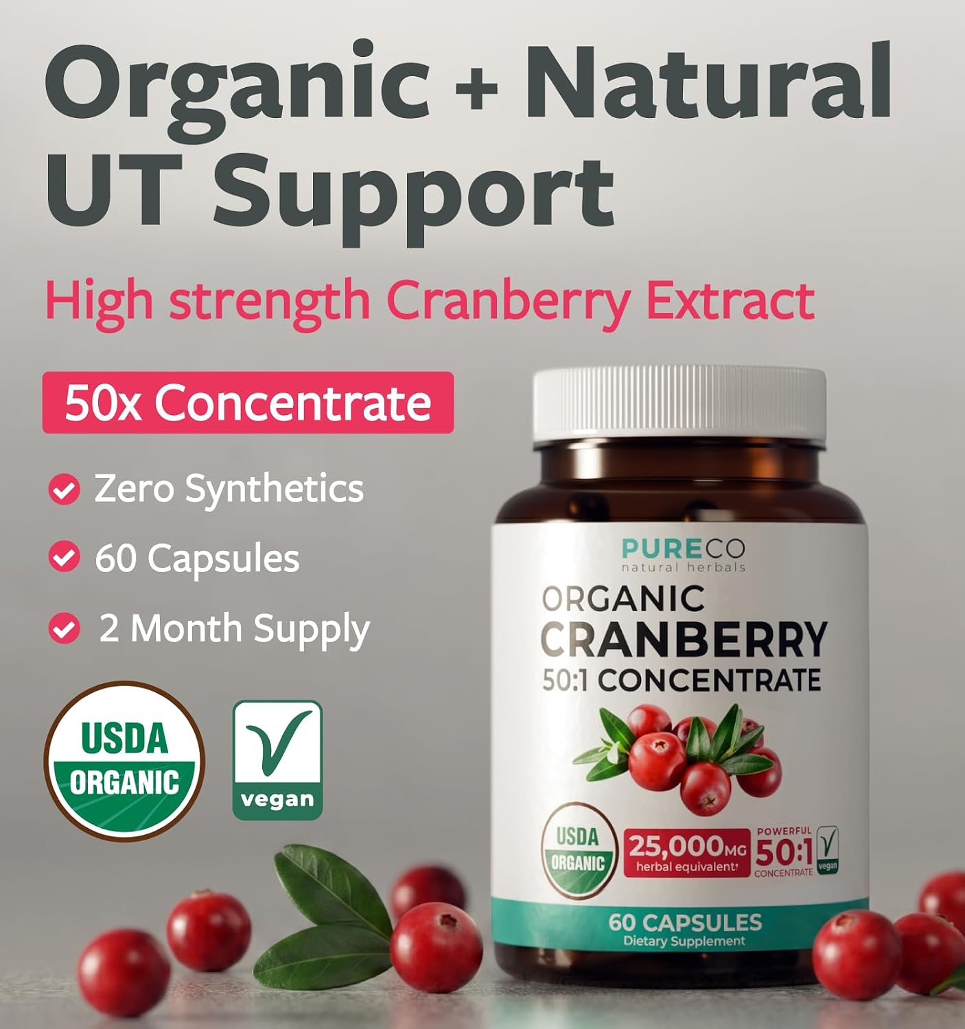 Organic Cranberry Pills - Vegan Supplement for Urinary Tract Health & Kidney Cleanse - Cranberry Pills for Women 500mg 50:1 Cranberry Concentrate Per Serving - Urinary Tract Support - 60 Capsules