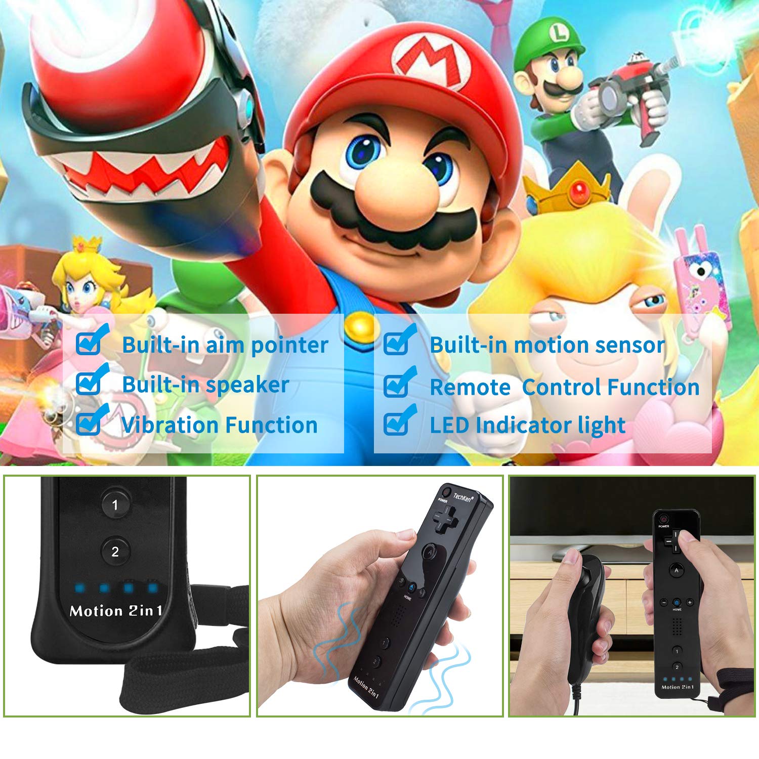 TechKen 2 Pack Wii Controllers with Wii Motion Plus Inside | Shock Wii Nunchuk Controller | Compatible Nintendo Wii, Motion Plus Wii Controller