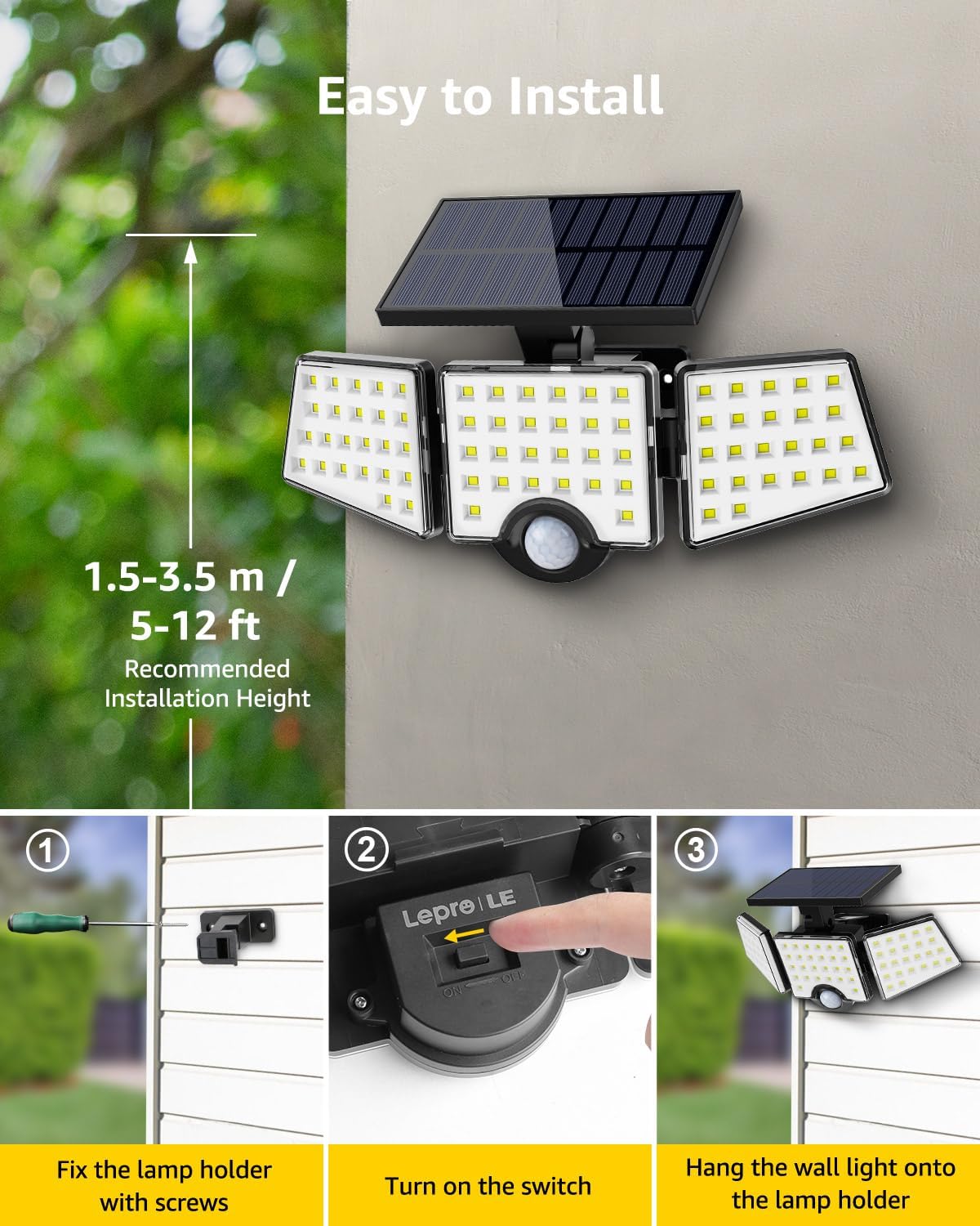 LE Solar Lights for Outside, Solar Lights Outdoor with Motion Sensor, WL4000 High Brightness, 3 Adjustable Heads 270° Wide Lighting Angle