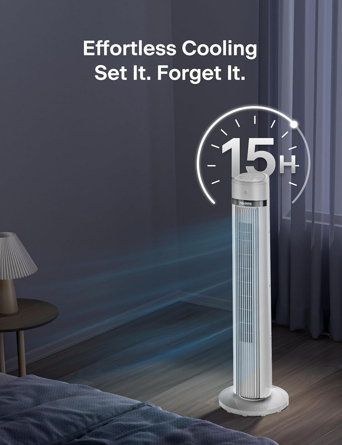 PELONIS 40-inch Bladeless Tower Fan for Bedroom, Standing Fan with Remote Control, 26ft/s, 90° Oscillation, 3 Speed Settings, 27 dB, 3 Modes