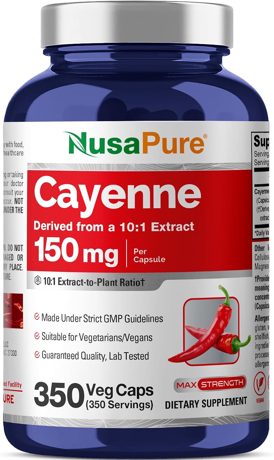 Cayenne Pepper, Non-GMO, Vegan, 150mg, 350 Veggie Capsules - 350 Servings | Herbal Formula, Capsicum Annuum Fruit 10:1 Extract, Suitable for Adults
