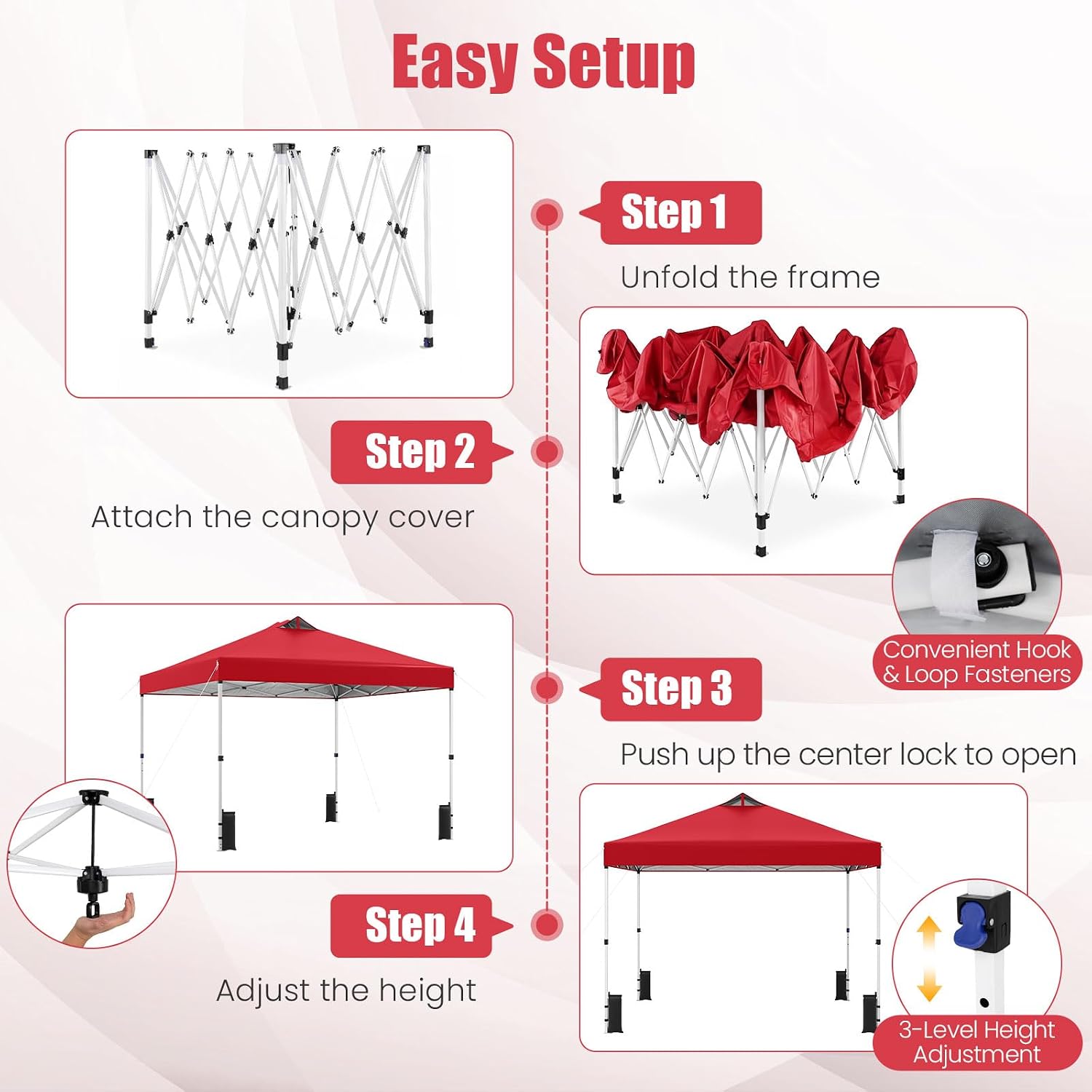 Tangkula 10 x10 Ft Pop Up Canopy with Center Lock, UPF 50+ One-Button Setup Outdoor Canopy Tent with Roller Bag, 4 Sand Bags, Heavy-Duty Steel Frame