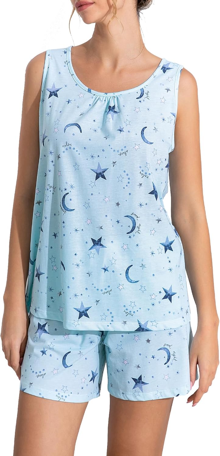 ENJOYNIGHT Womens Pajama Set Cotton Summer Sleep Tank and Shorts Pjs