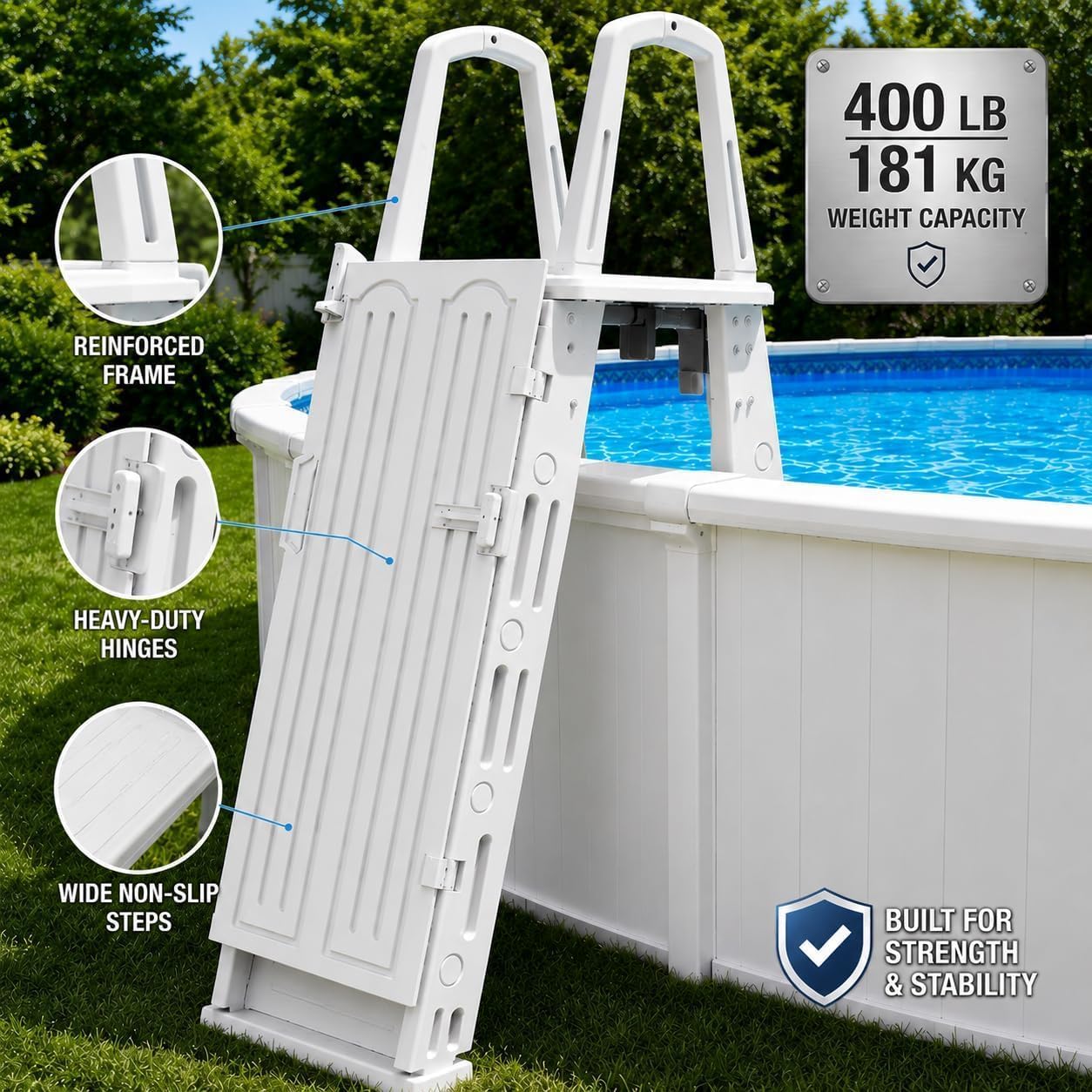 XtremepouwerUS Deluxe Incline Above Ground in-Pool Swimming Pool Ladder Pool Step Adjustable Ladder, White