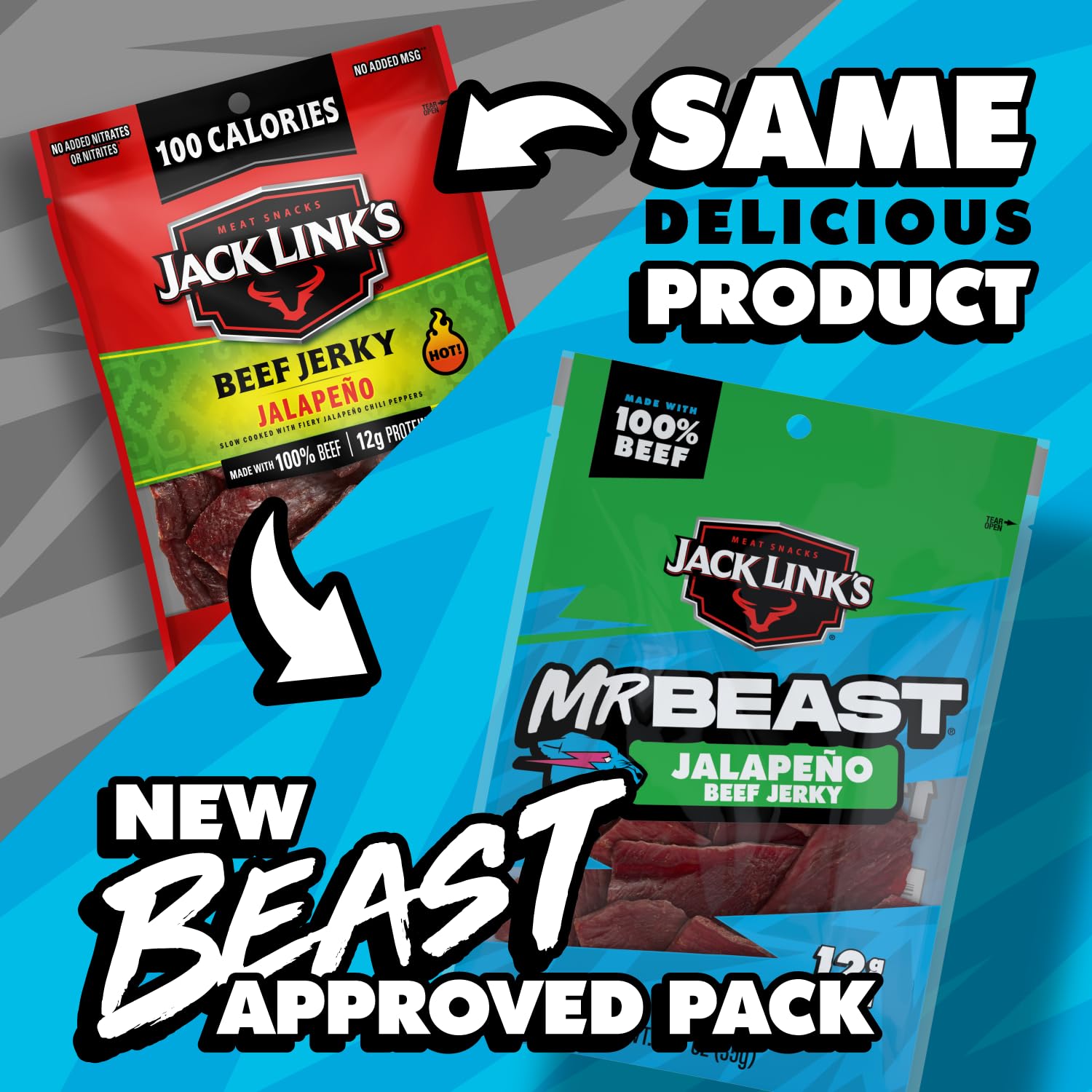 Jack Link's MrBeast Beef Jerky, Peppered Beef Jerky - 10 Count | As Seen on Beast Games, 11g Protein, Made with 100% Real Beef, Pantry-Ready Snacks