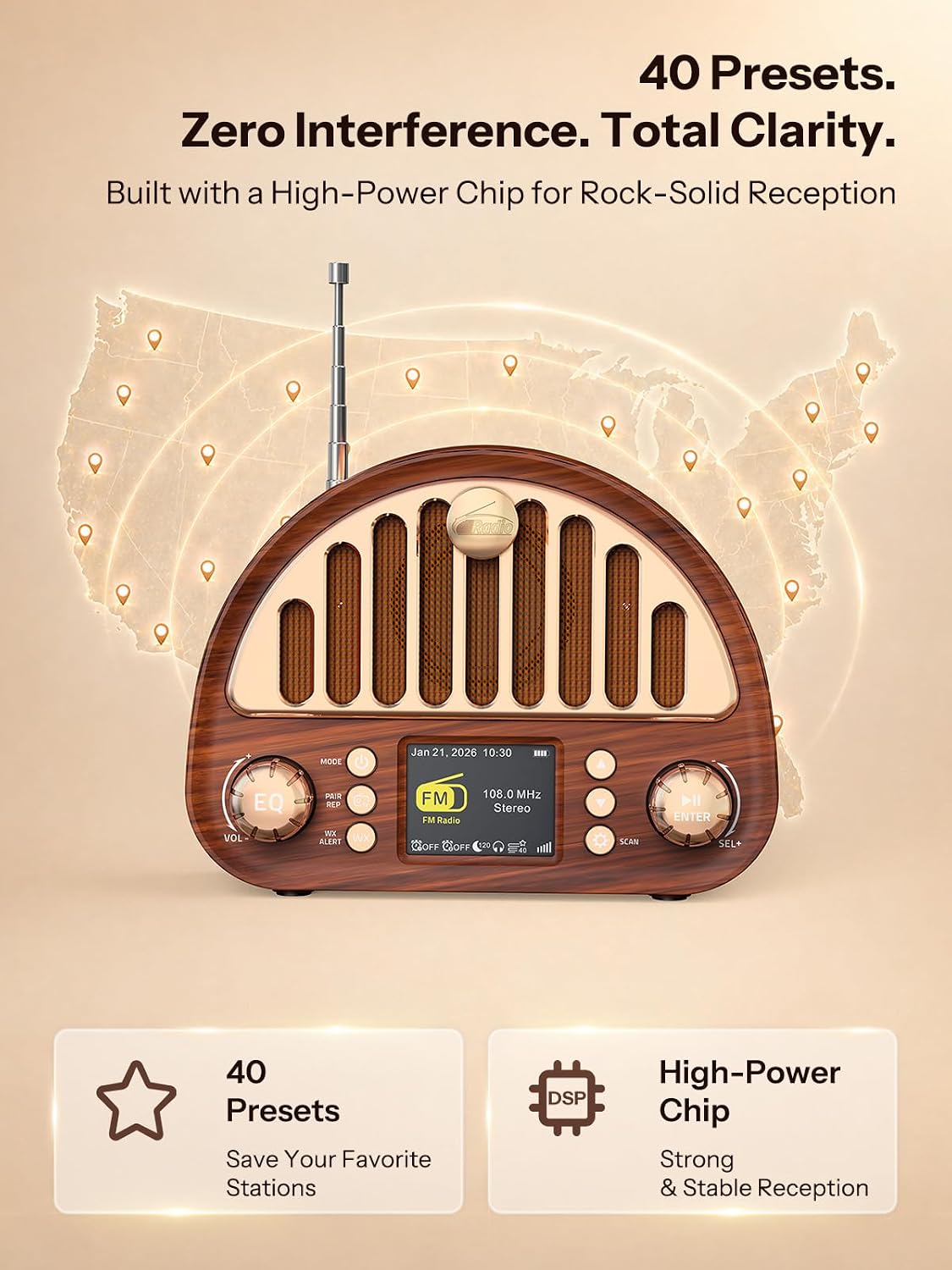Retro FM Radio with NOAA Weather Alert & Bluetooth Speaker | 40 FM + 7 Weather Band Presets, 2" Color Display, Dual Alarm, Sleep Timer