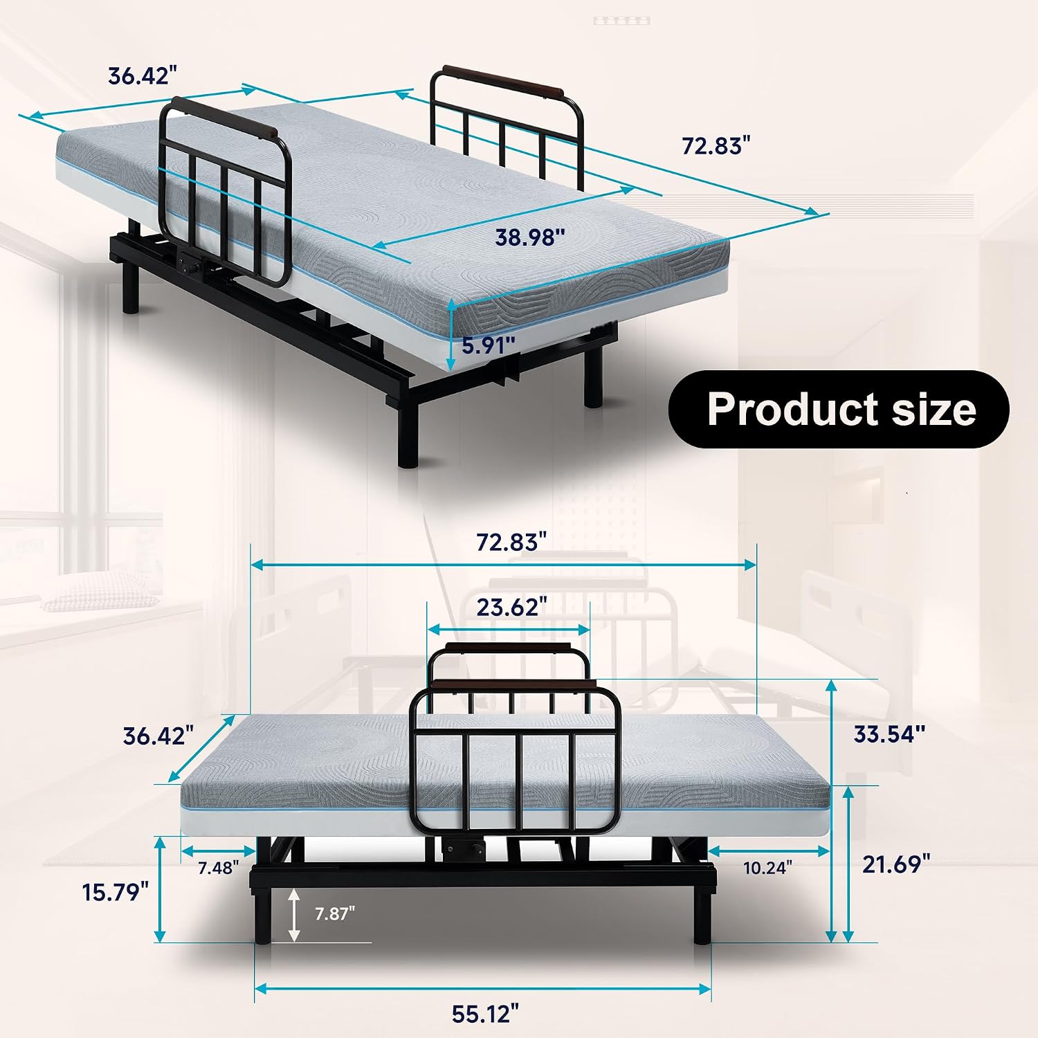 Electric Lift Bed for Elderly, Remote Control Adjustable Bed with 5.91" Mattress, Quiet Motor and Removable Tray, Zero Gravity Position Bed Frame Suitable for Hospital/Home Care