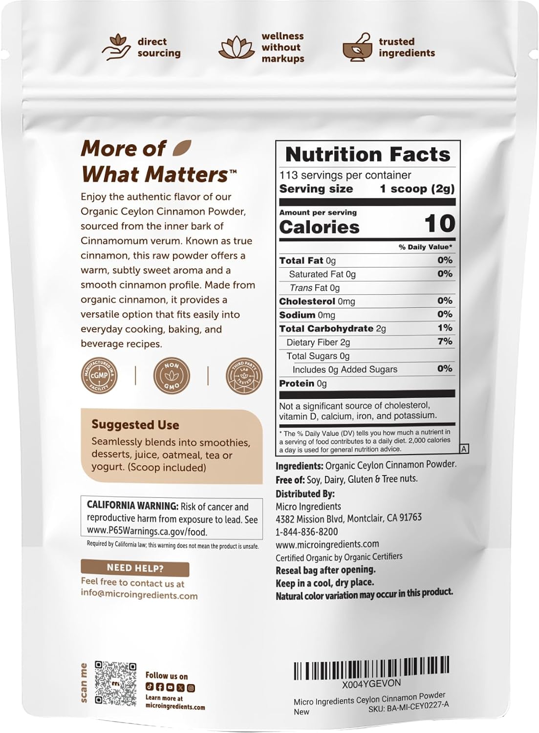 Micro Ingredients Organic Ceylon Cinnamon Powder, 2 lb Sri Lanka Source | True Cinnamon for Spice & Seasoning | Great for Baking, Cooking, & Drinks | Additive Free, Non-GMO