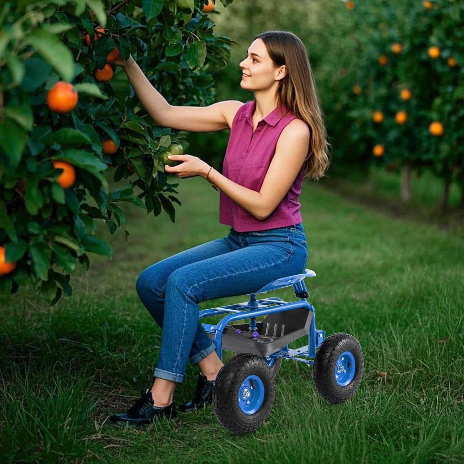 Goplus Rolling Garden Cart with Seat, Outdoor Garden Stool with Wheels, Tool Tray & Basket, Adjustable Steering Handle
